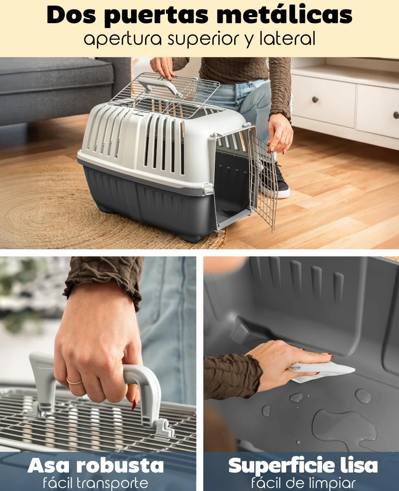 lionto Caja de Transporte 58,5x35,5x40 cm, plástico con Rejilla metálica, con asa y Cierre, para Perros, Gatos y Animales pequeños de hasta 15 kg, Gris