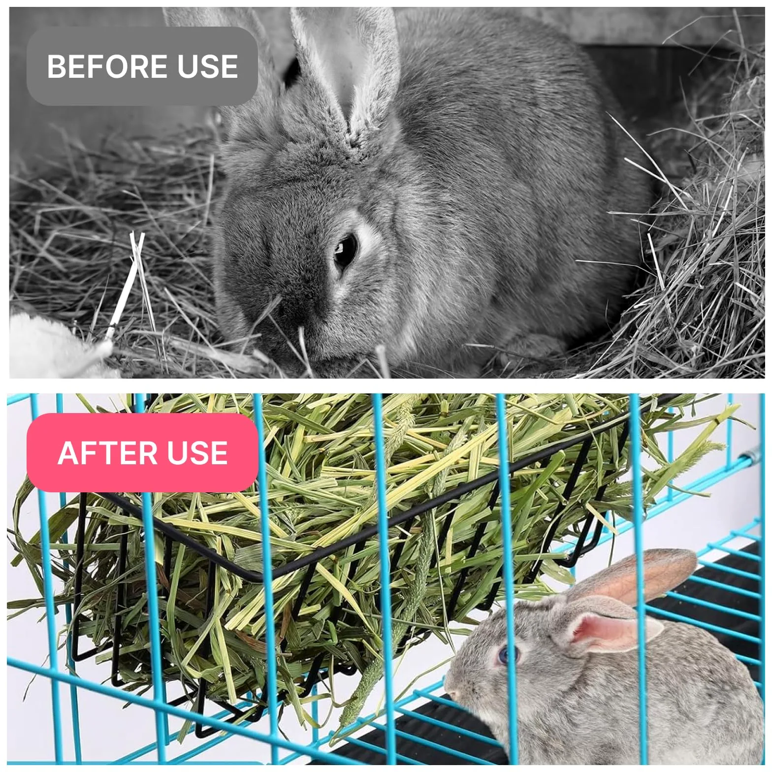 4 comederos de heno para conejos, estante de heno de metal resistente con ganchos, accesorios de jaula de animales pequeños, estante de comedero de heno con marco de metal para conejos,
