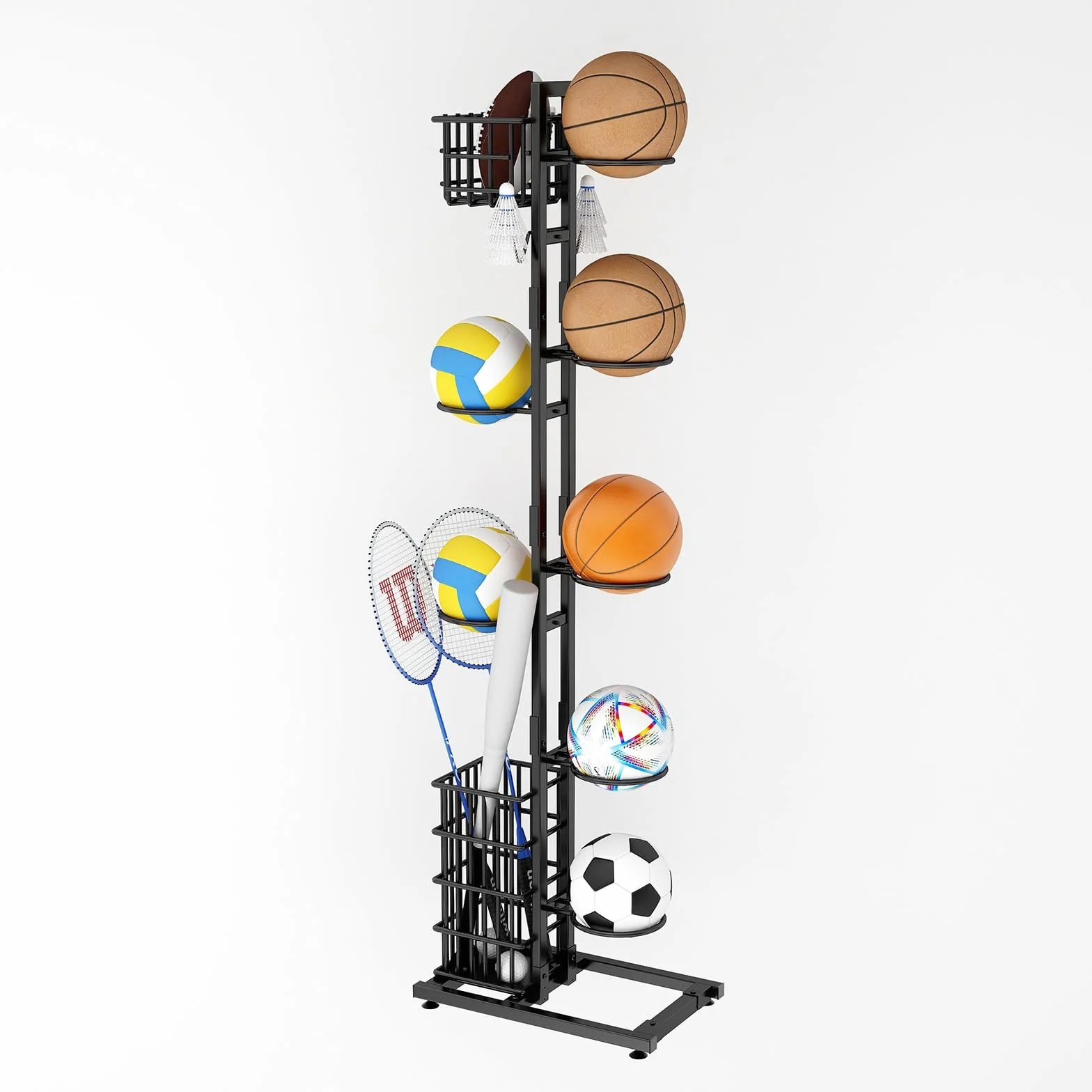 Soporte de bolas para rodamientos verticales rack baloncesto almacenamiento multicapa con cesta y ganchos