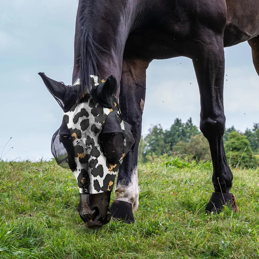 Máscara Antimoscas para Caballos con Orejeras, Estampado de Leopardo, Anti-UV, Malla Transpirable