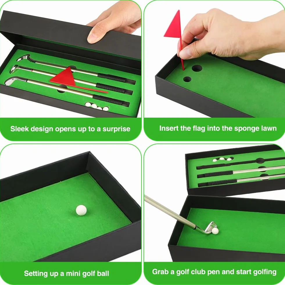 Golf Pen Set with Flag, Mini Golf Club Pen, 3 Pen Holders, 4 Balls, 9 Refills