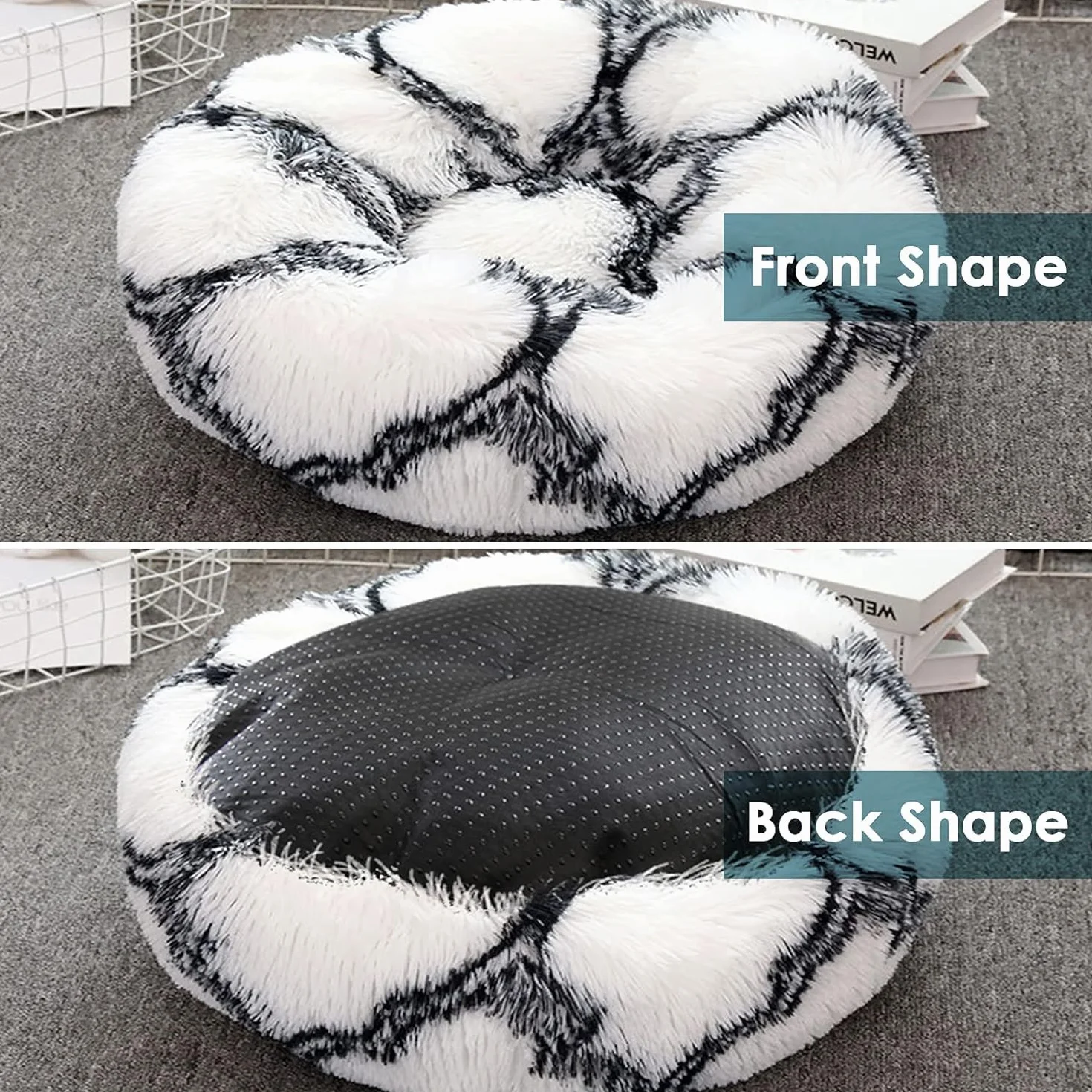 Cama Amarilla para Perros y Gatos 60 cm, Cama Redonda Tipo Donut para Mascotas, Perros Pequeños y Medianos, Felpa Suave de Pelo Largo, Funda Extraíble Lavable, Base Antideslizante para Casa