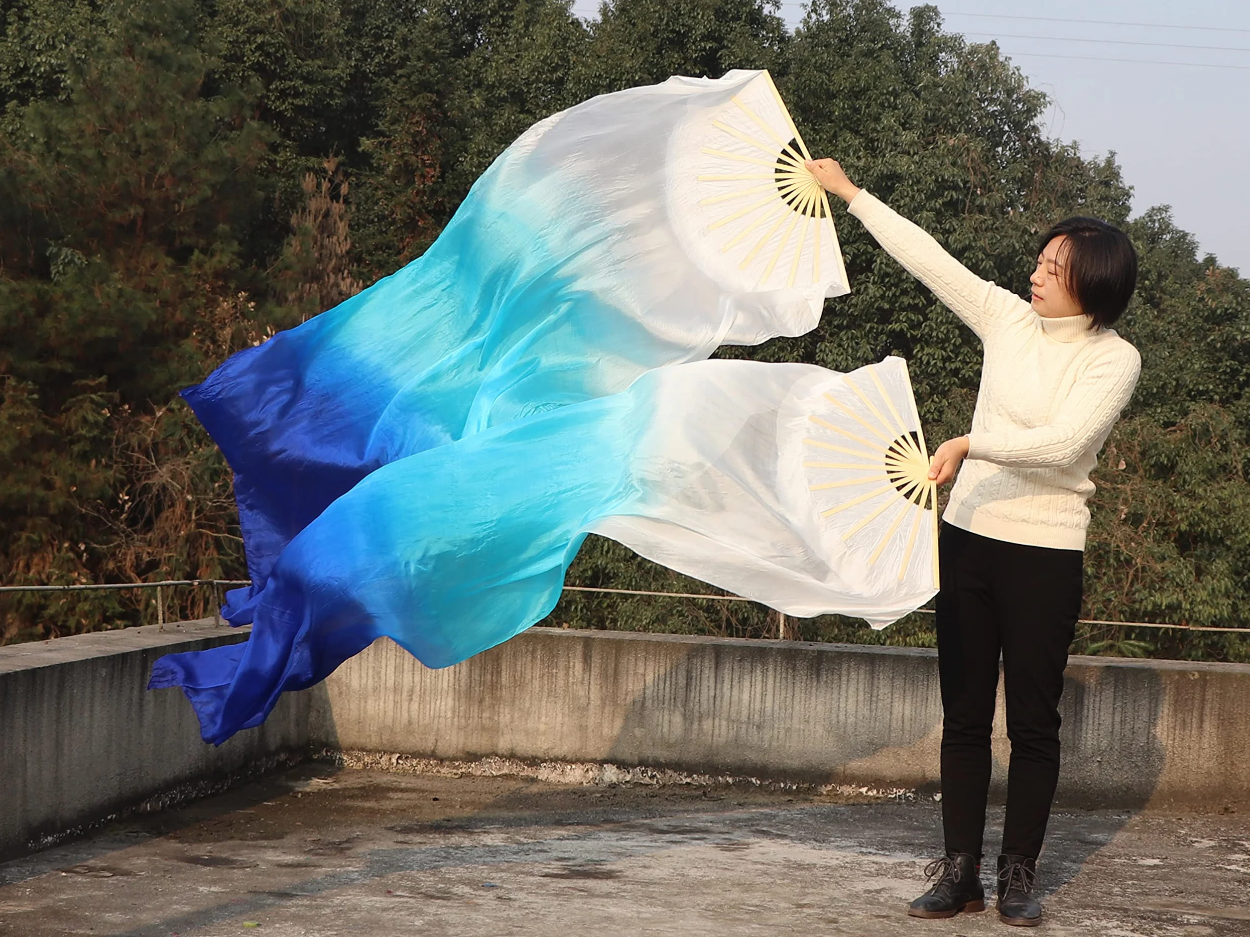 Winged Sirenny Abanicos Velos Seda Natural 180 cm Danza del Vientre Pintados a Mano Mango Bambú Ajustable 2 Unidades