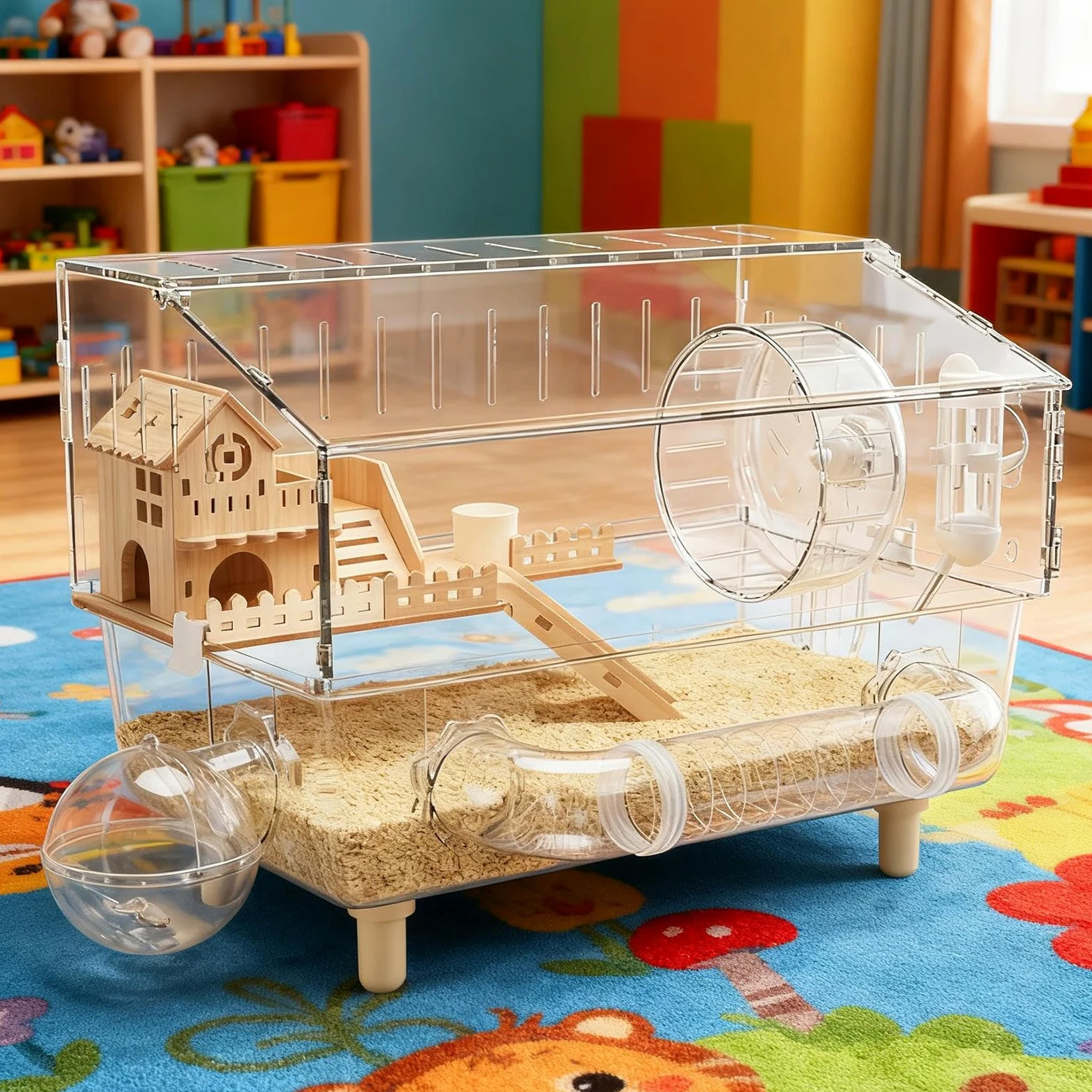 Jaula De Hámster Enano Hogar De Cría Transparente De 2 Niveles | Jaula De Acrílico Para Erizo De 45 X 28 X 33.8 Cm Para Erizo Hurón Gerbo Chinchilla Mascotas Pequeñas Monitoreo