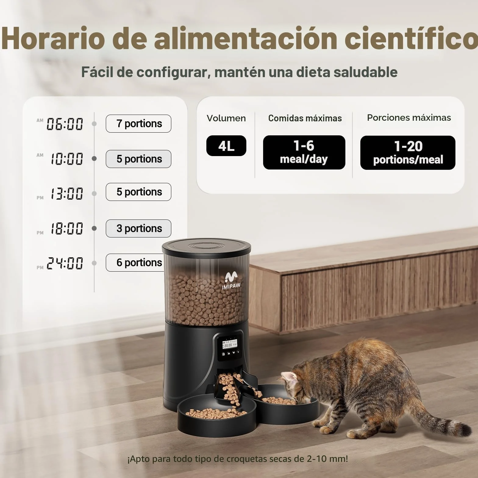 IMIPAW Comedero Gato Automatico - Dispensador Comida con Dos Cuencos, Temporizador Programable para Gatos y Perros con Bolsa Desecante, 1-6 Comidas al Día, 1-20 Porciones por Comida- 4L