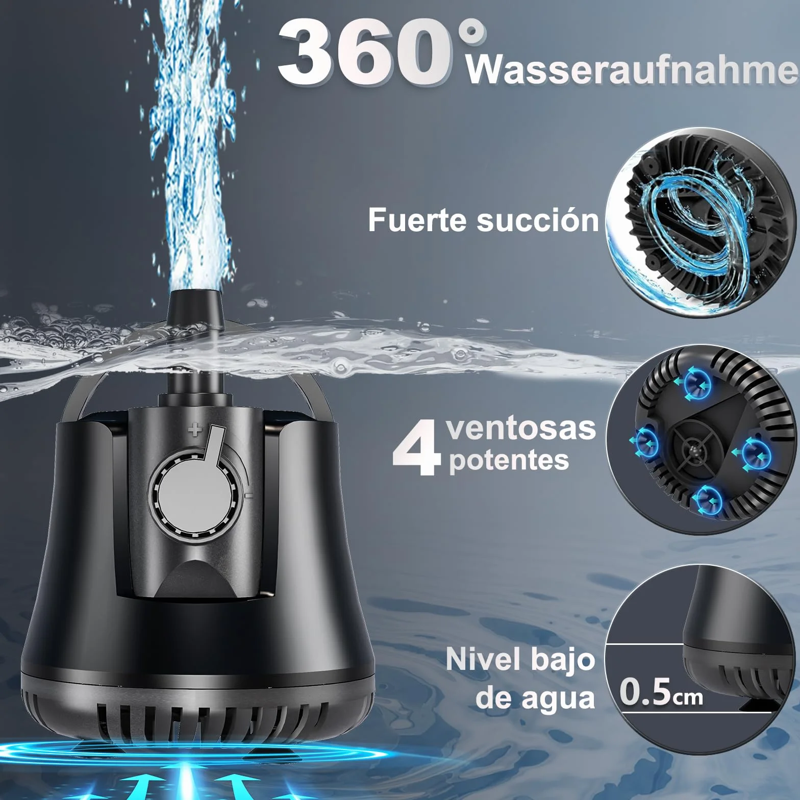 Bomba de Agua Sumergible 15W 800L/H Bomba de Acuario con Interruptor Ajustable + Cable de 1.5 Metros + 2 Boquillas, Motor Fuente de Agua Ultra Silencioso Para Acuarios, Jardines, Fuentes, Estanques