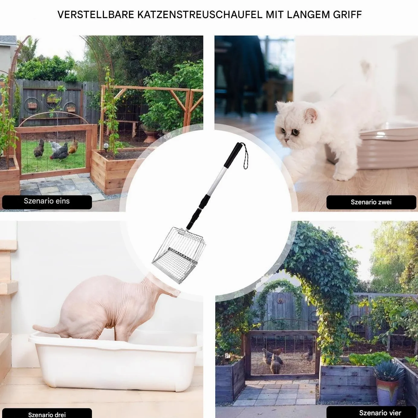 Cuchara de arena para gatos con tamiz profundo y mango largo para una fácil limpieza, ideal para gatos mayores y espacios pequeños