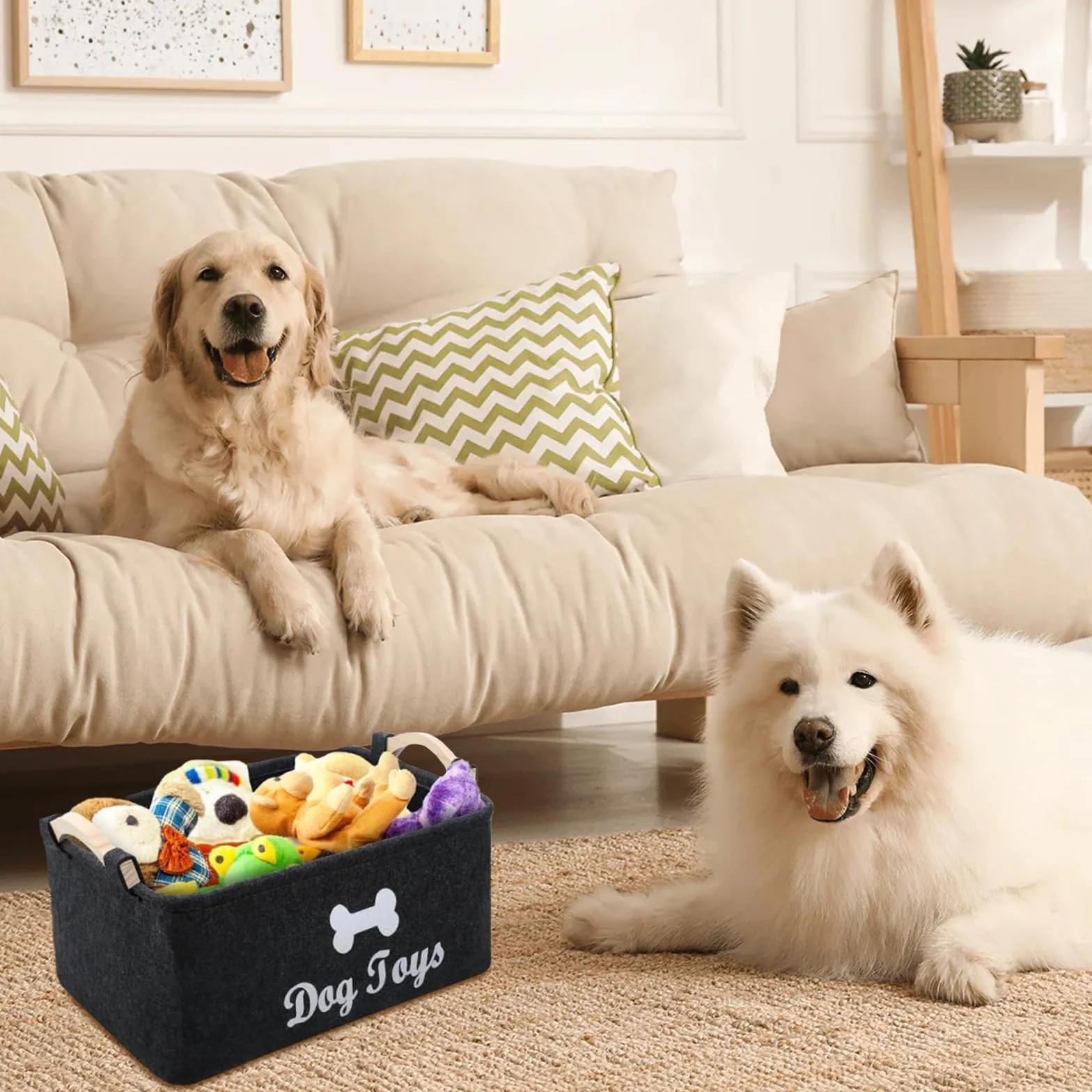 Cesta de Fieltro, Caja de Juguetes para Perros con Mango Madera, Cesta de Almacenamiento Juguete para Perros Versátil, Organizar Comida, Juguetes Accesorios Mascotas