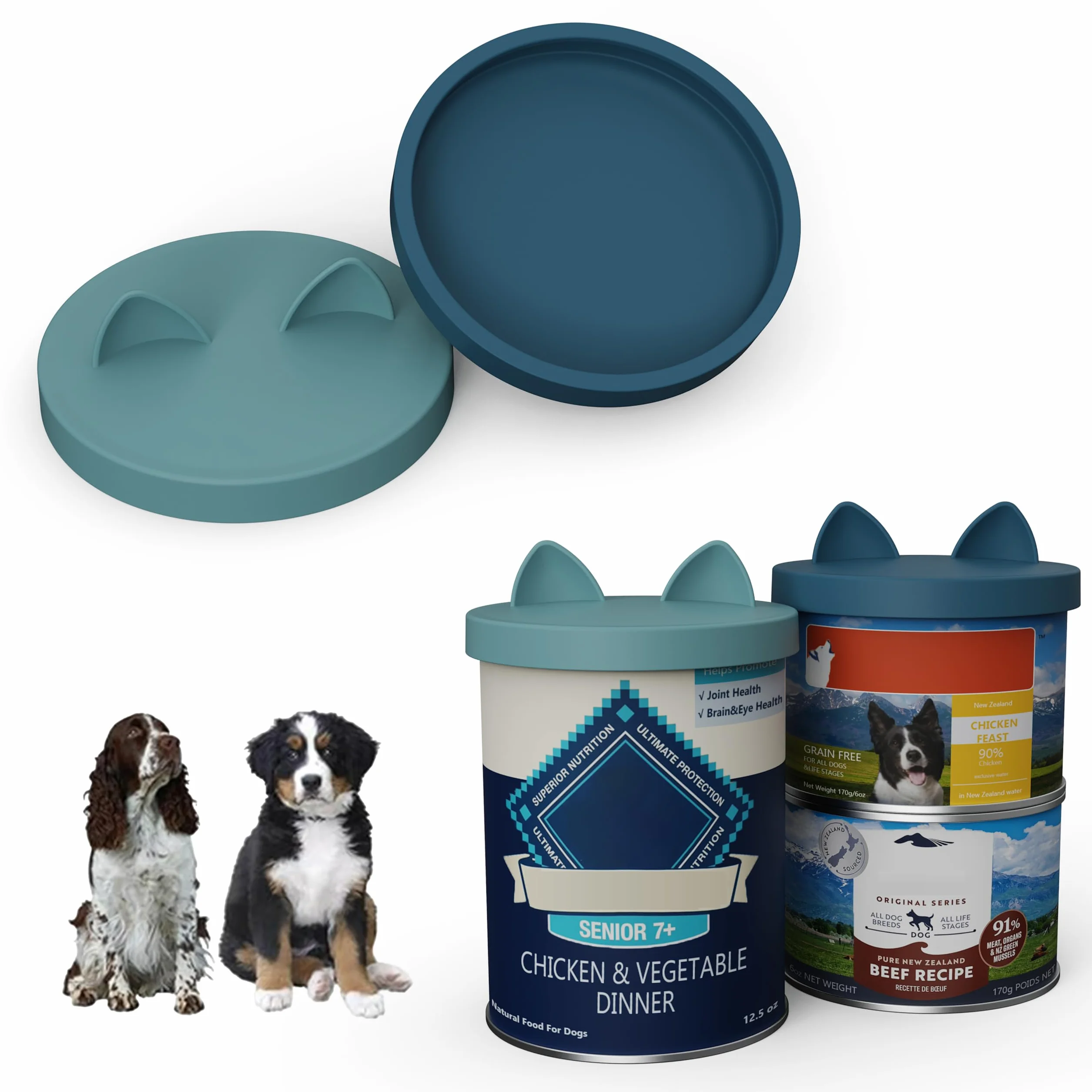 OHMO Tapas de latas para comida para perros, 75 mm, tapas de silicona para latas de alimentos para animales, 400 g, sin BPA, azul oscuro y azul claro, juego de 2