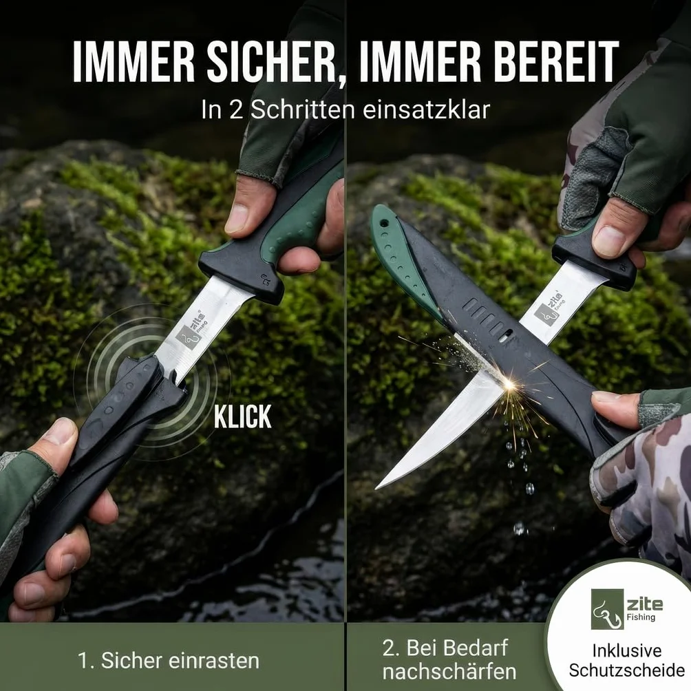 Zite Cuchillo para filetear Fishing 20 cm Hoja Afilada Mango Goma Antideslizante Funda Plástico
