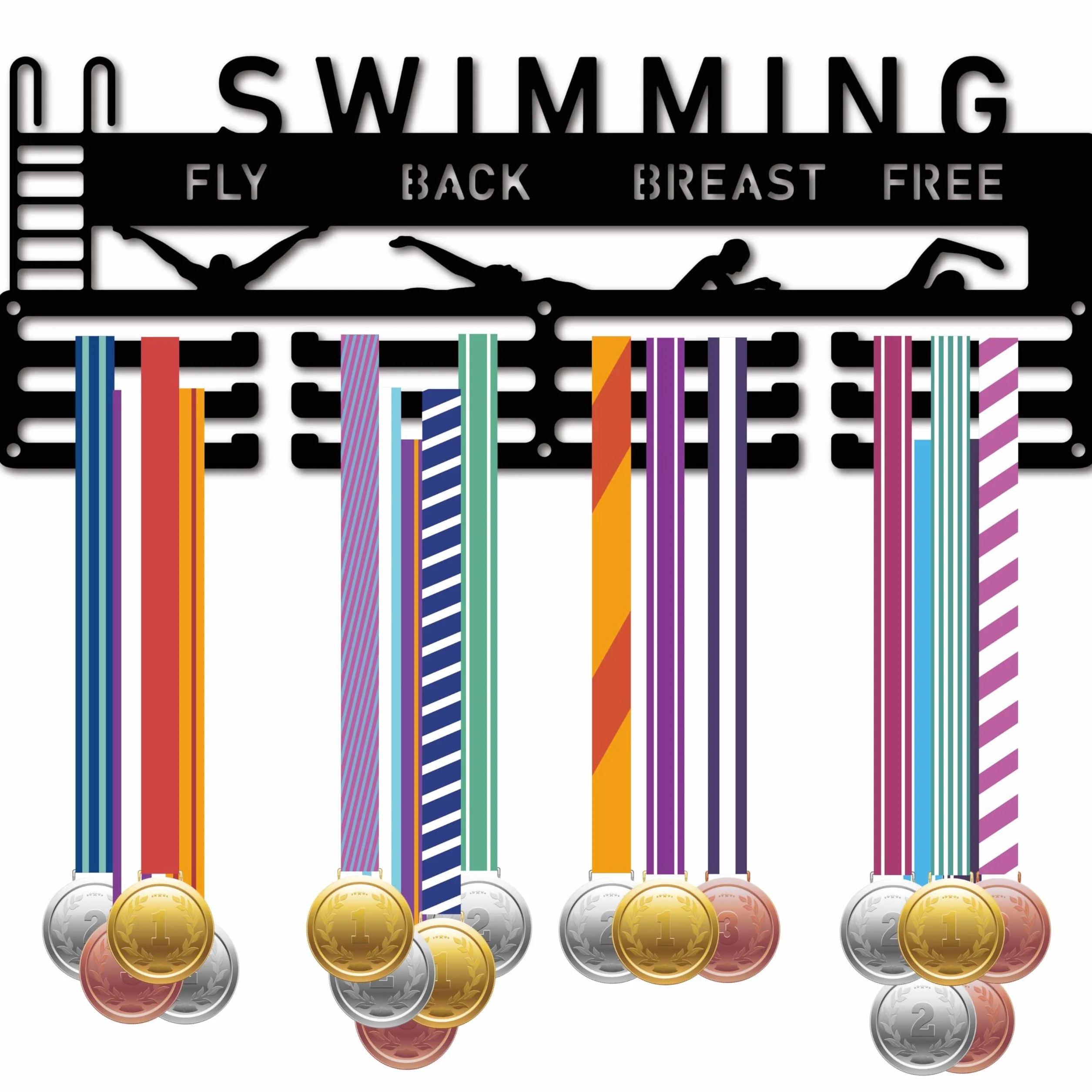 CREATCABIN Colgador para Medallas Natación, Organizador Medallas Hierro Y Metal Negro, Marco para Colgar sobre 60 Medalla, 40x15cm