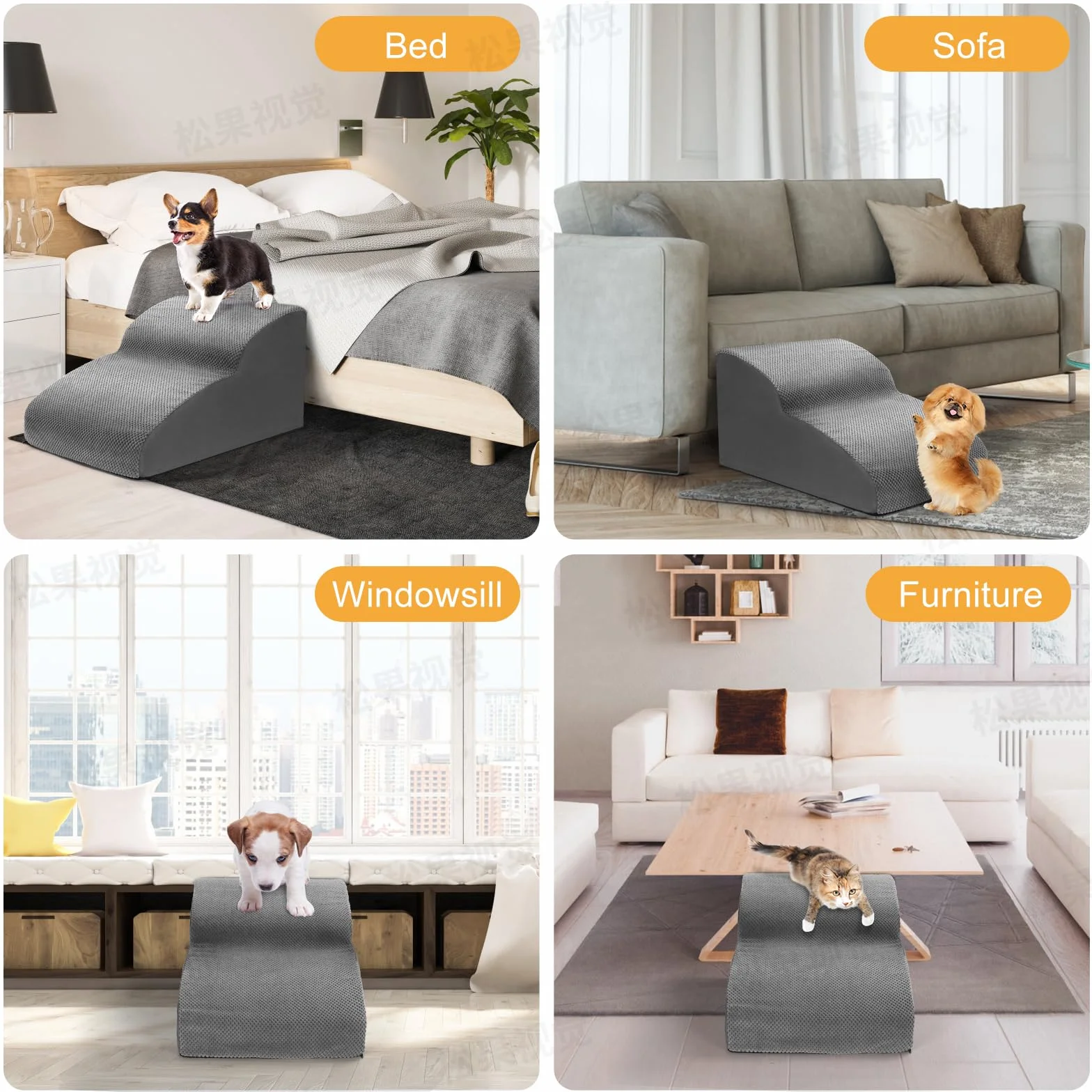 Lannvan Escalera para Perros, Escaleras para Mascotas de Espuma de 3 Escalones, Rampa para Perros Pequeños y Gatos con Funda Lavable, para Sofá o Cama, Enviar Rodillo de Pelusa, Gris