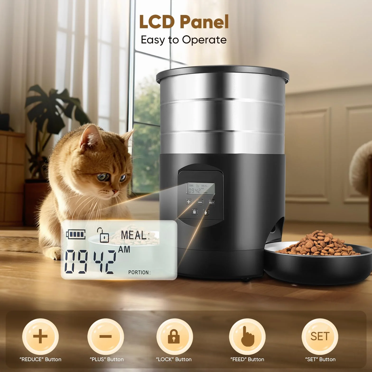 Comedero Automático Gatos 5L con 2 Cuencos, WiFi 2.4G & App Temporizador, Dobles Cuencos Interior Comedero Inteligente, Alimentación Doble con Control de Botones