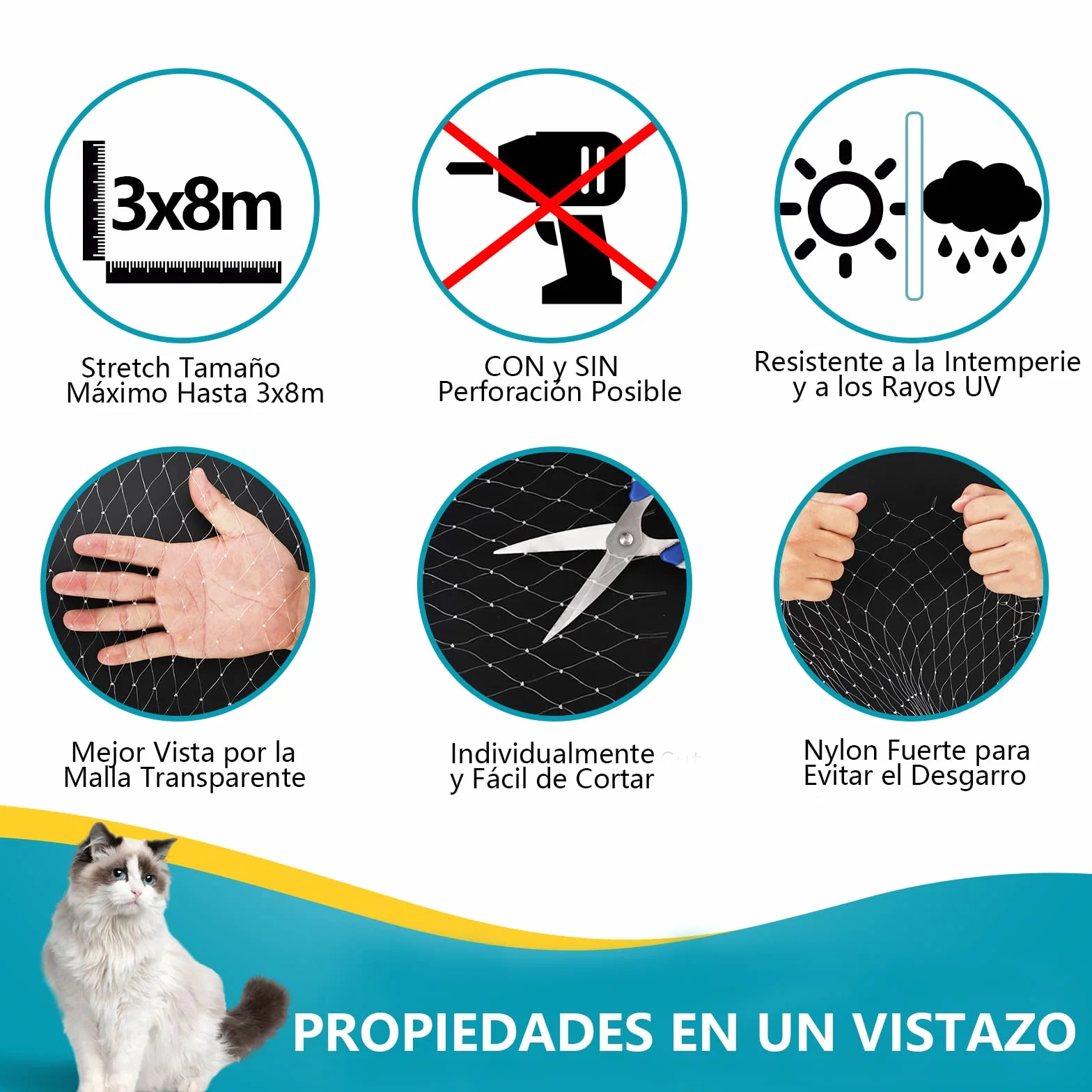 8x3m Red para Gatos Terraza de sin Taladro, Red Gatos Ventanas Seguridad Transparente para Redes Protección Malla Gatos para Balcones, Ventanas, Tragaluces y Puertas