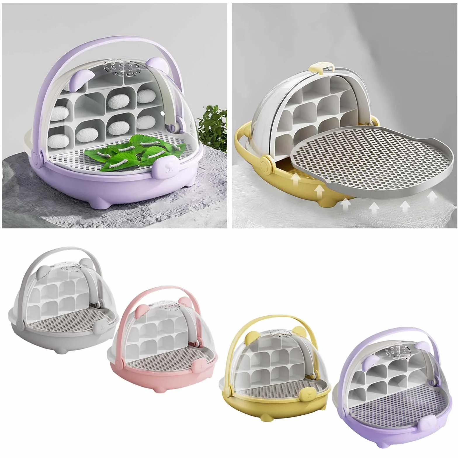 Caja de Crecimiento de Gusanos de Seda, cápsula Espacial para la cría de Gusanos de Seda, Tanque de Reptiles, Jaula de hábitat Animal,Caja de alimentación Transparente portátil con asa (Rosa)