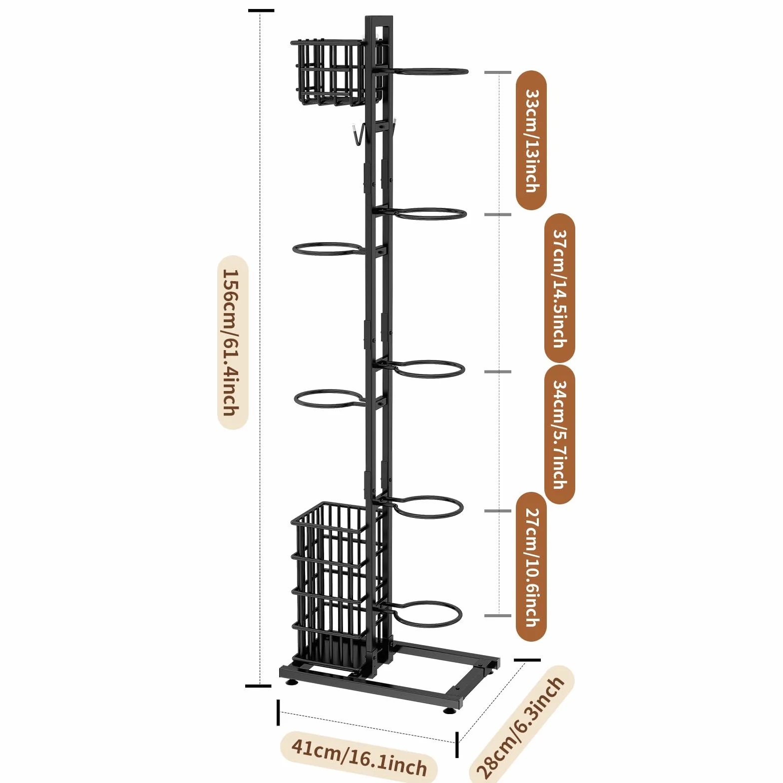 Soporte de bolas para rodamientos verticales rack baloncesto almacenamiento multicapa con cesta y ganchos