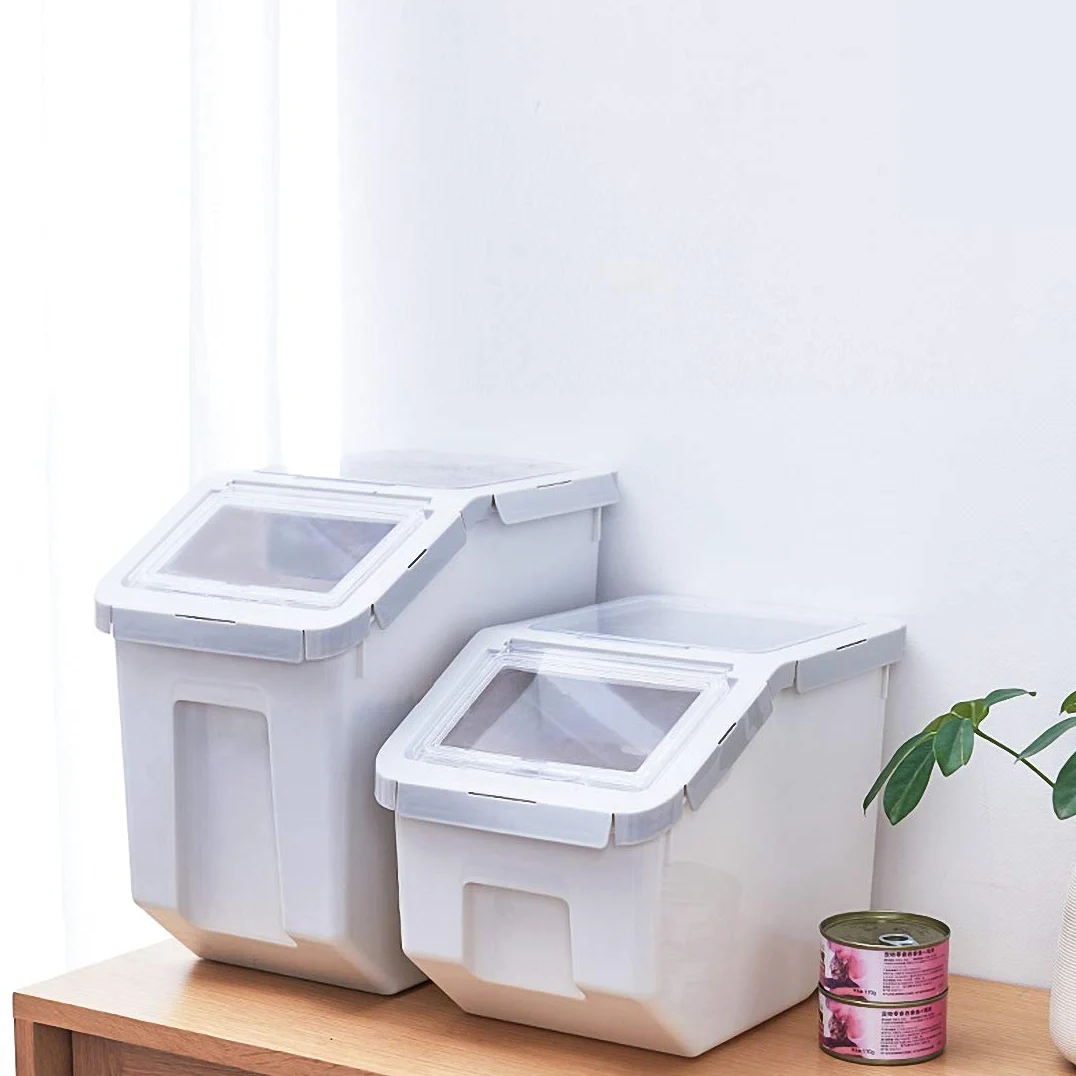Contenedor de almacenamiento de alimentos de plástico de 10 kg con tapa y ruedas, organizador grande hermético para mascotas y cocina para perros y gatos, harina, cereales, incluye taza