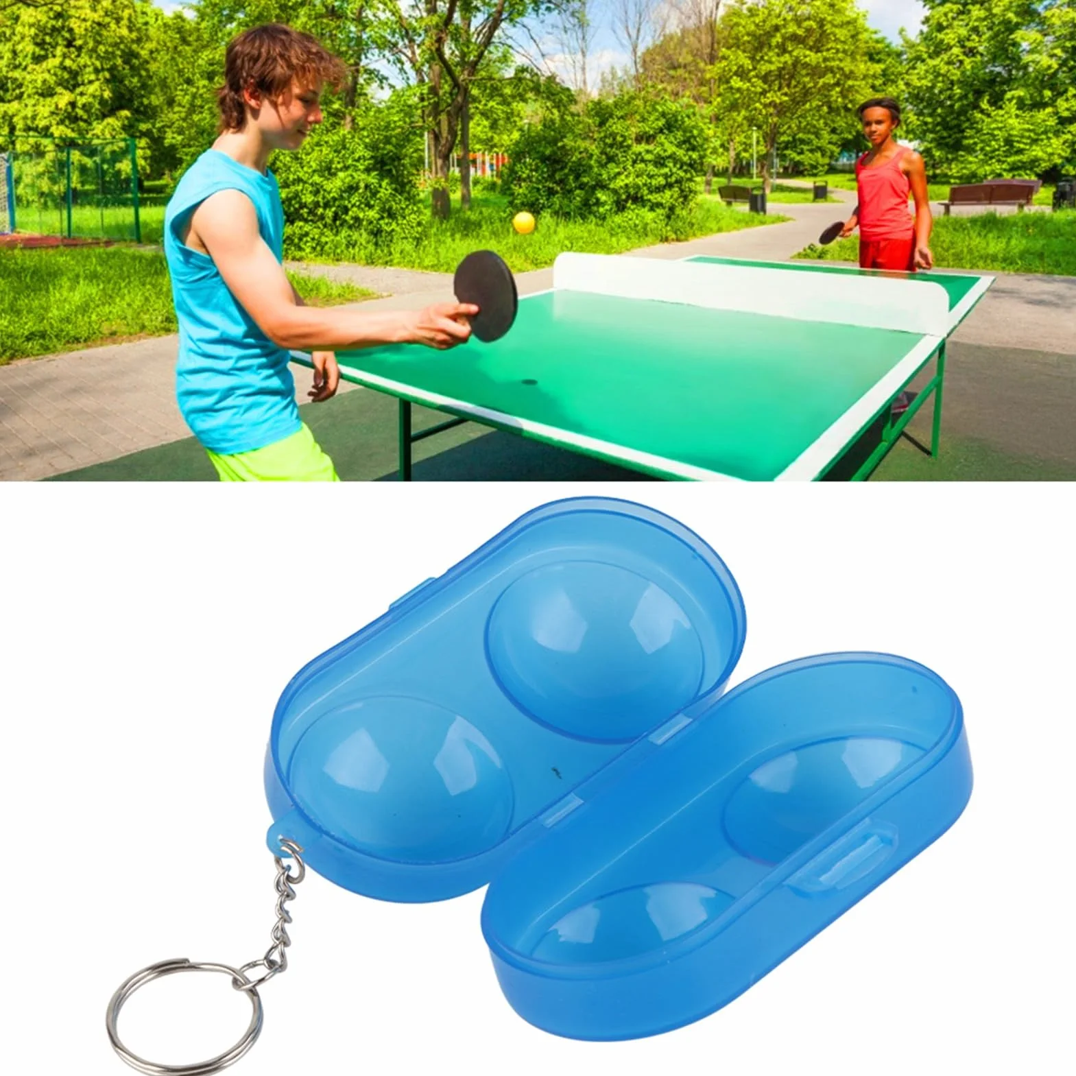 Caja de almacenamiento de pelotas de tenis de mesa portátil de plástico con cadena 5 piezas Azul transparente