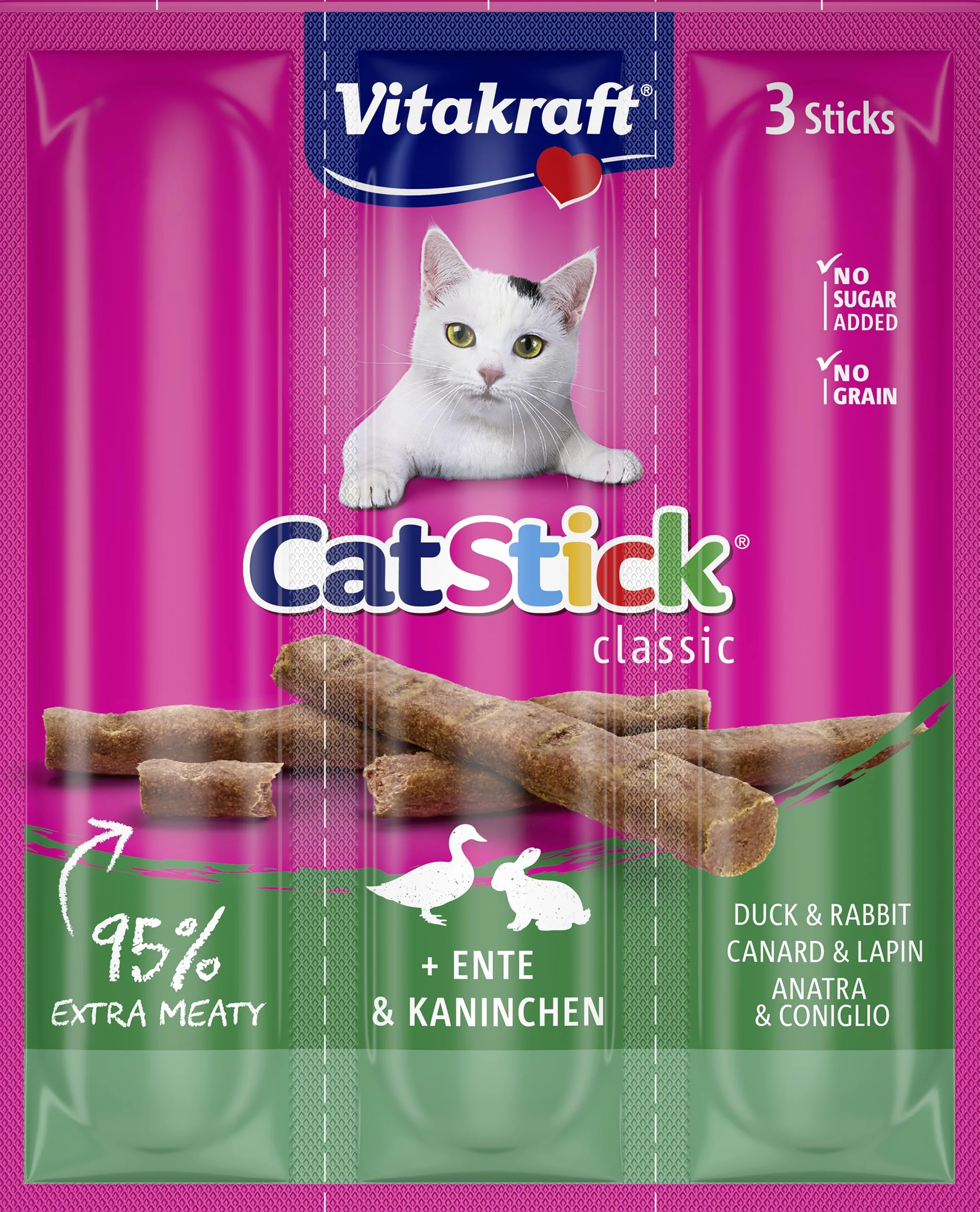 Vitakraft Cat Stick Classic - Snack para Gatos, Barritas de Pato y Conejo, Envase de 3 sticks de 6 g