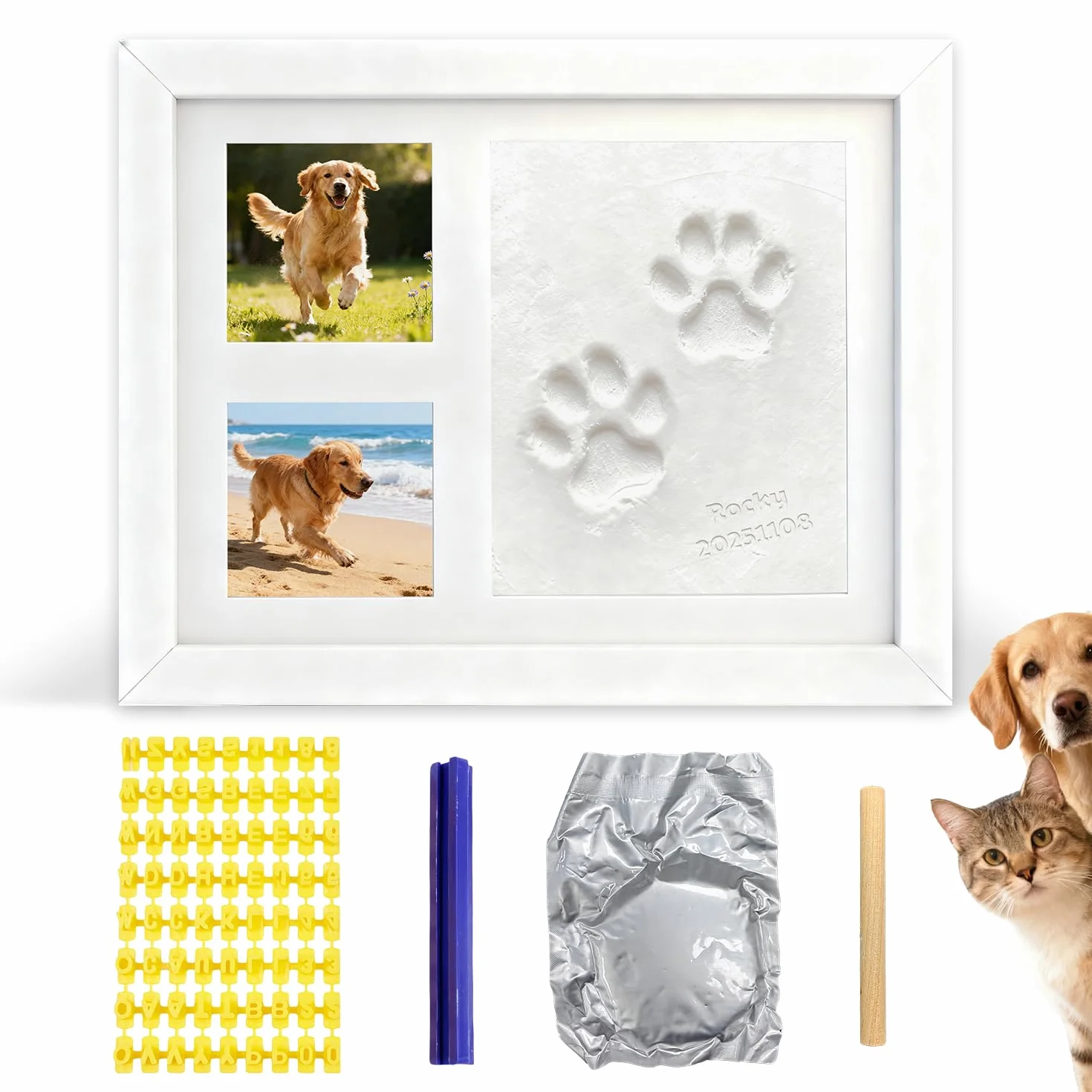 Kit de Huellas para Patas de Perro y Gato, Marco de Fotos con Huella de Arcilla, Kit de Huellas de Manos y Pies de Bebé, Marco Conmemorativo de Mascotas para Recién Nacidos, Perros y Gatos, Blanco