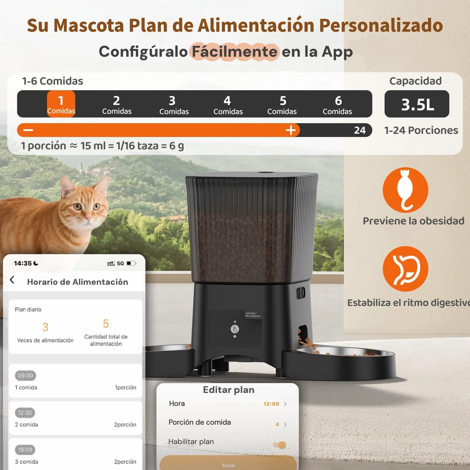 Comedero Gato Automatico 5G WiFi, HONEYGUARDIAN Dispensador Comida Seca Gatos Perros, Alimentador Automatico Gato Fácil Operación con Control App, 4 Cuencos (Acero inoxidable + Lento), 1-6 Comidas/Día