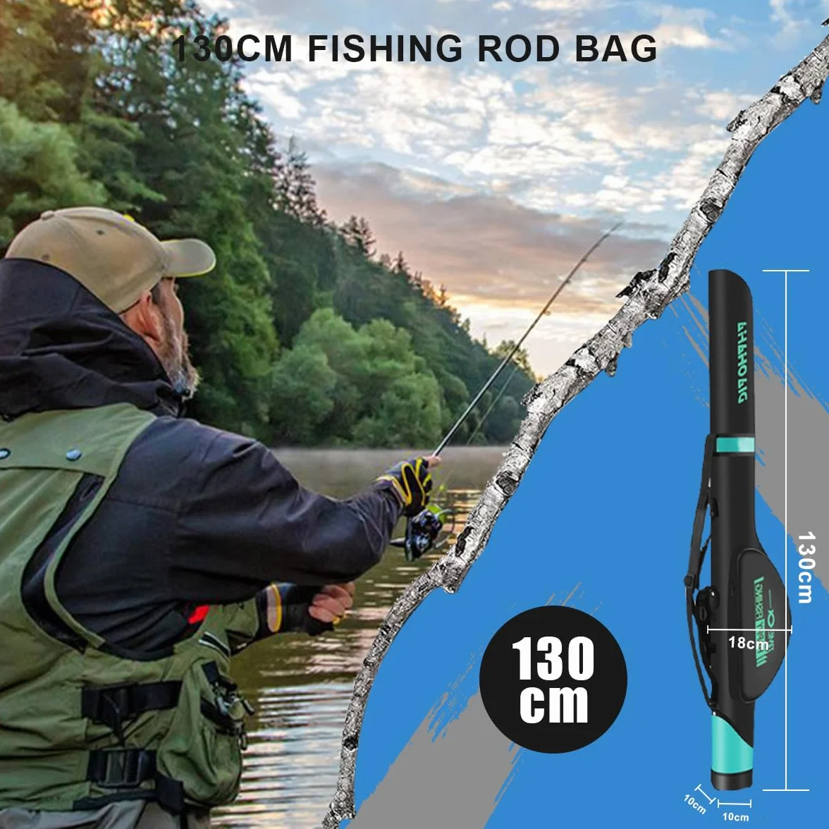 Funda para Cañas de Pescar Impermeable 130 cm, Mochila Pesca con Dos Bolsillos Laterales