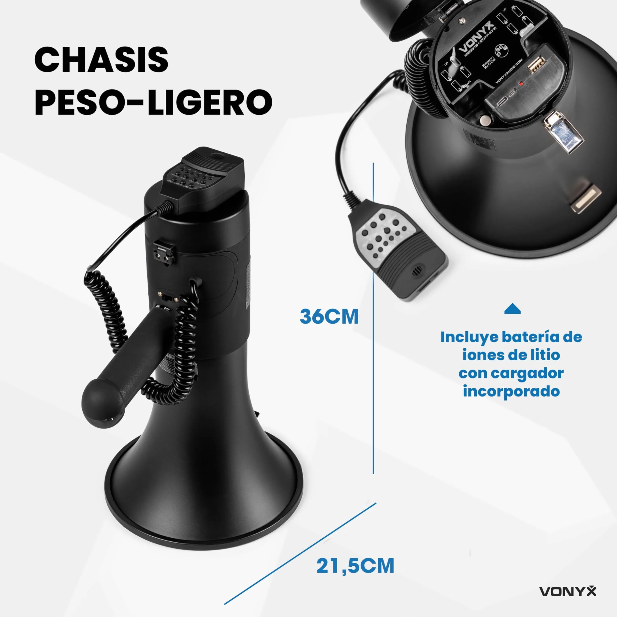 Vonyx MEG075 Megáfono Bluetooth Portátil 75W, Reproductor MP3, Batería Recargable, Negro