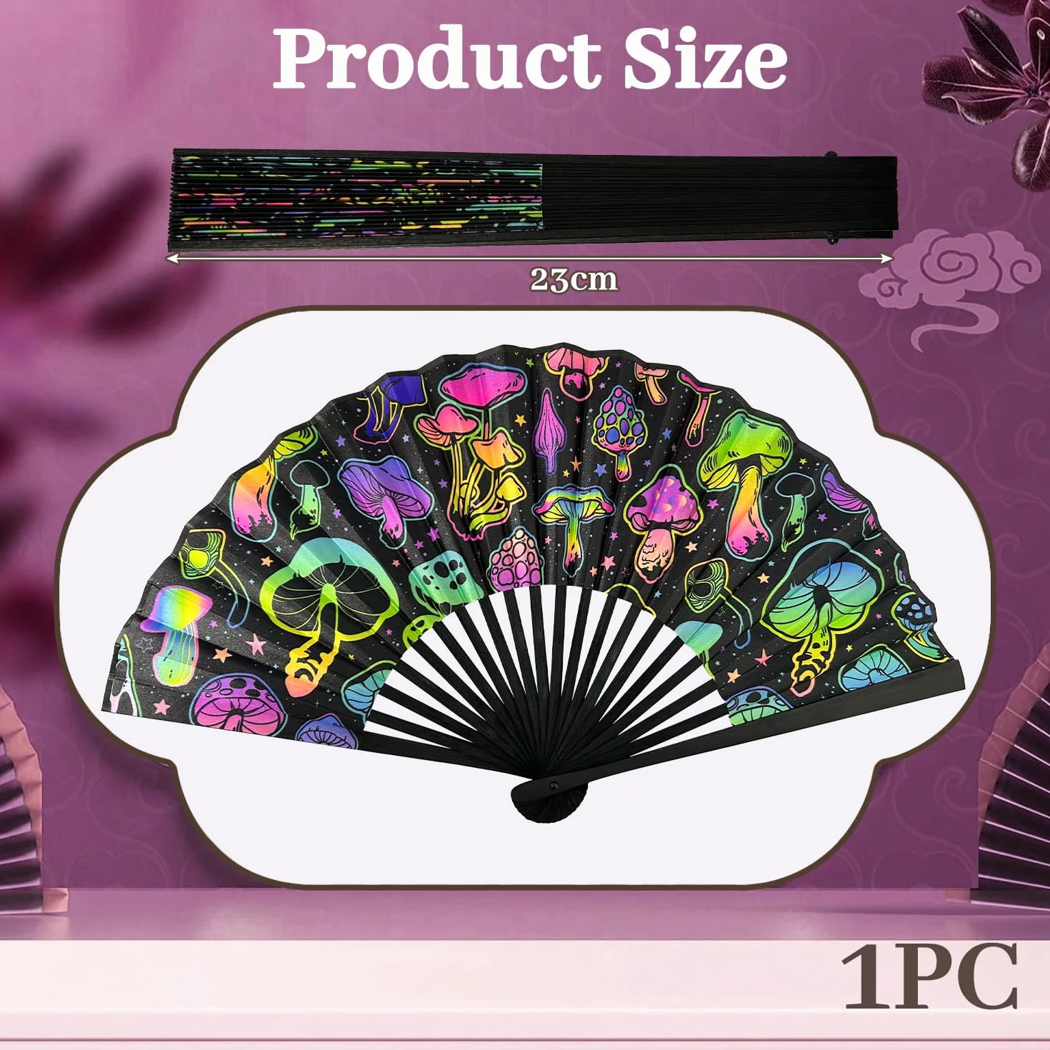 Abanico Plegable para Adultos, Abanico Rave Premium, Abanico de Mano para Fiestas, Disco, Playa, Drag Queen, Regalo Accesorio Rave (patrón de Hongos)