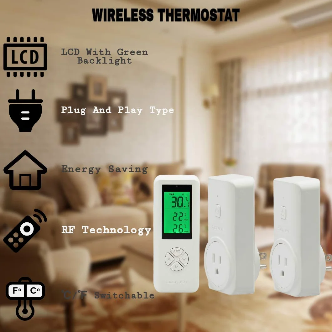 DIGITEN Toma de termostato inalámbrica (con 2 receptores), controlador de temperatura enchufable, controlador de temperatura de invernadero, enchufe de termostato de reptil, control remoto, sensor