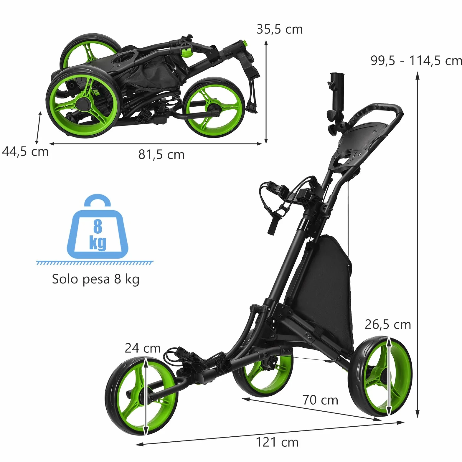 COSTWAY Carro de Golf Plegable 3 Ruedas con Bolsa Aluminio, Paraguas Regulable y Portavaso