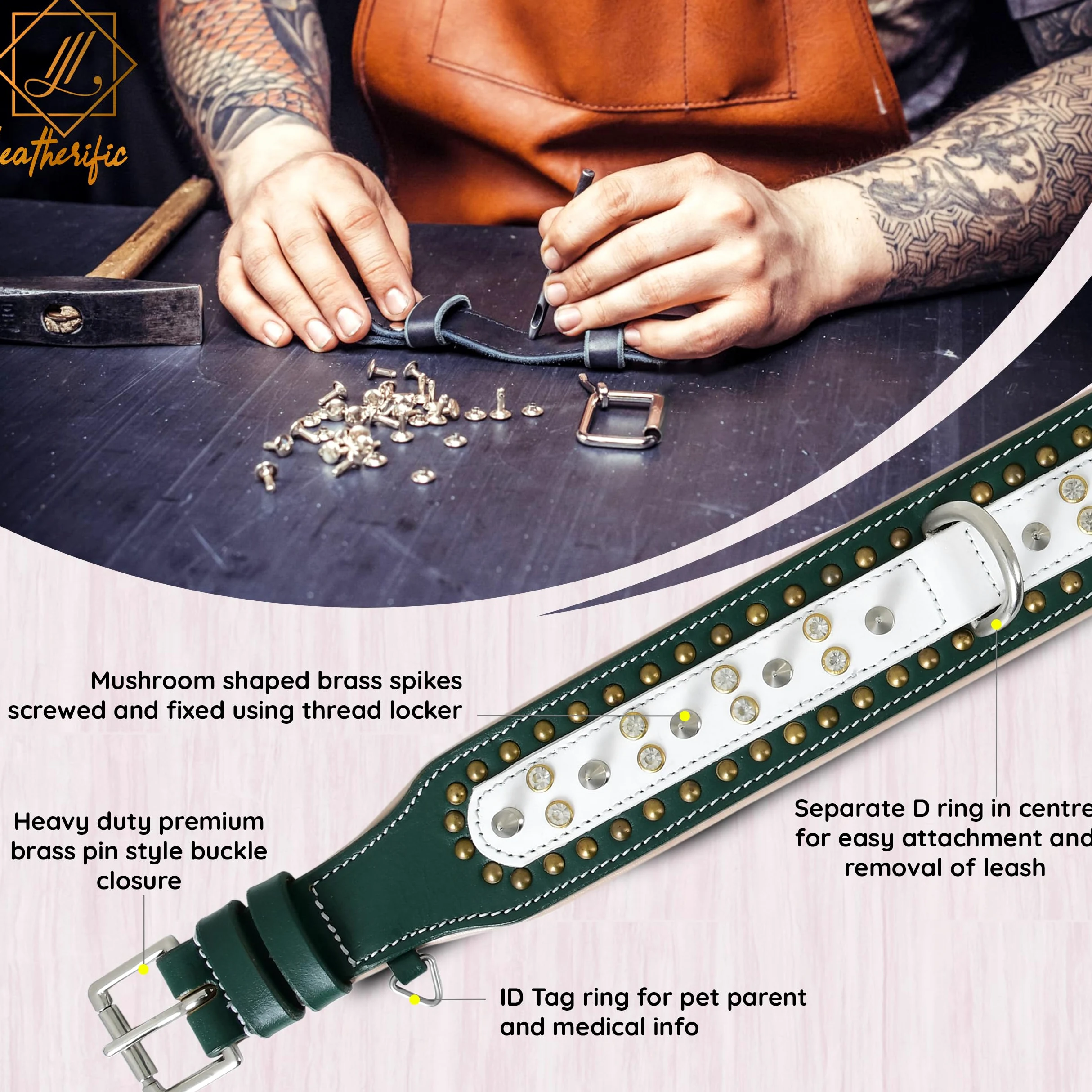 Leatherify - Collar de cuero genuino para perro, de alta calidad, resistente, acolchado, fuerte, con picos atornillados, razas medianas, grandes, extragrandes, 2 pulgadas de ancho (color verde bosque
