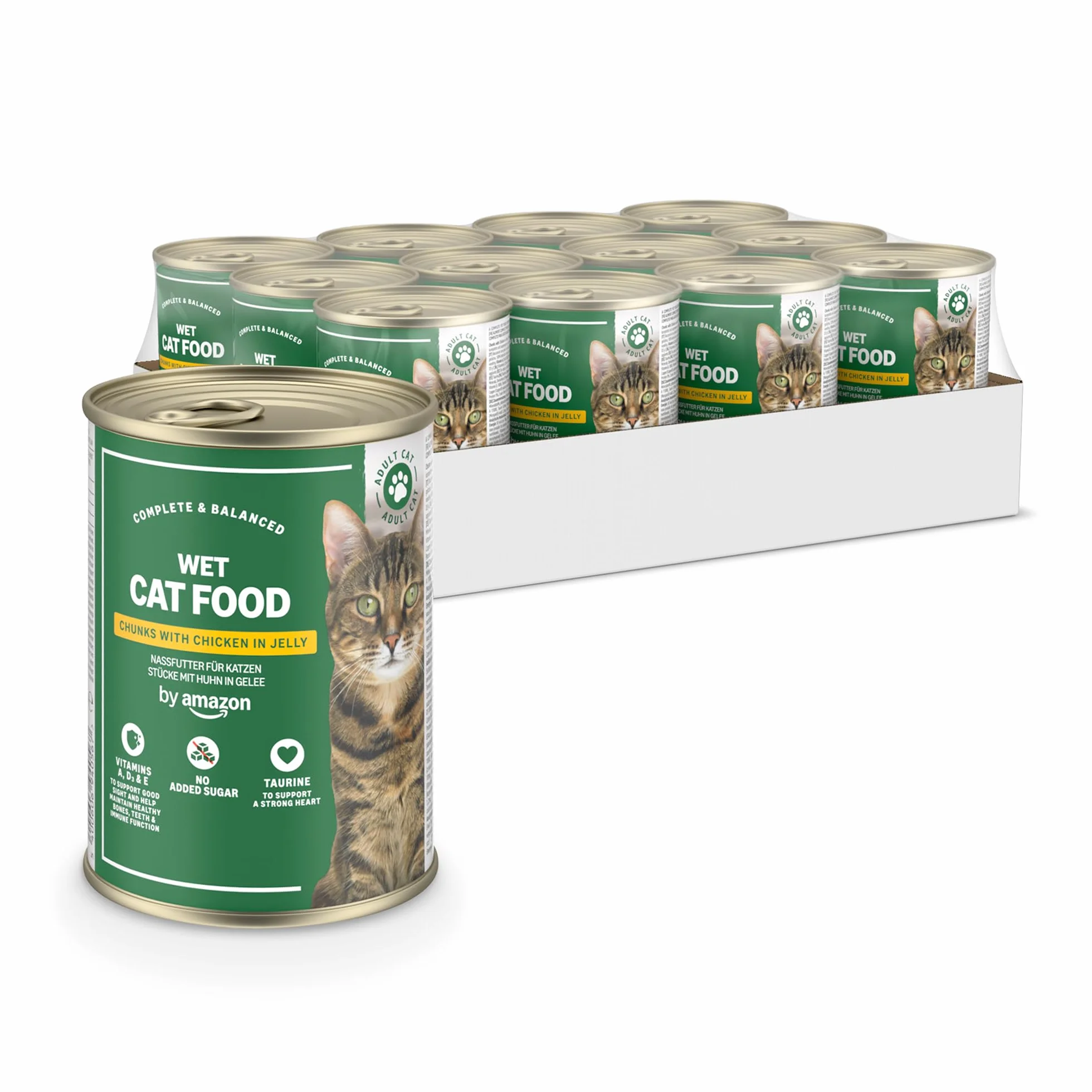 by Amazon - Comida húmeda sin cereales para gatos - Lata - Trozos de pollo en gelatina, 12 x 405 g