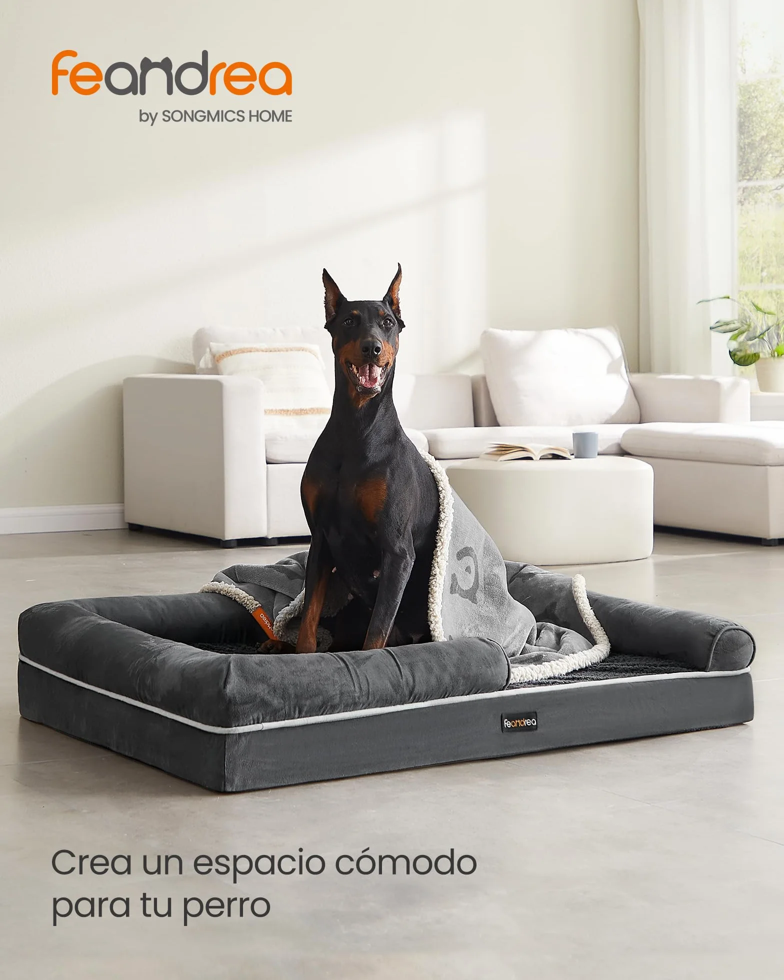 Feandrea Cama Ortopédica para Perros, Sofá, Cama para Mascotas, Acolchado Suave, Bordes Elevados, Funda Extraíble y Lavable, 122 x 85 x 20 cm, Antideslizante, Gris Osucro PGW078G01