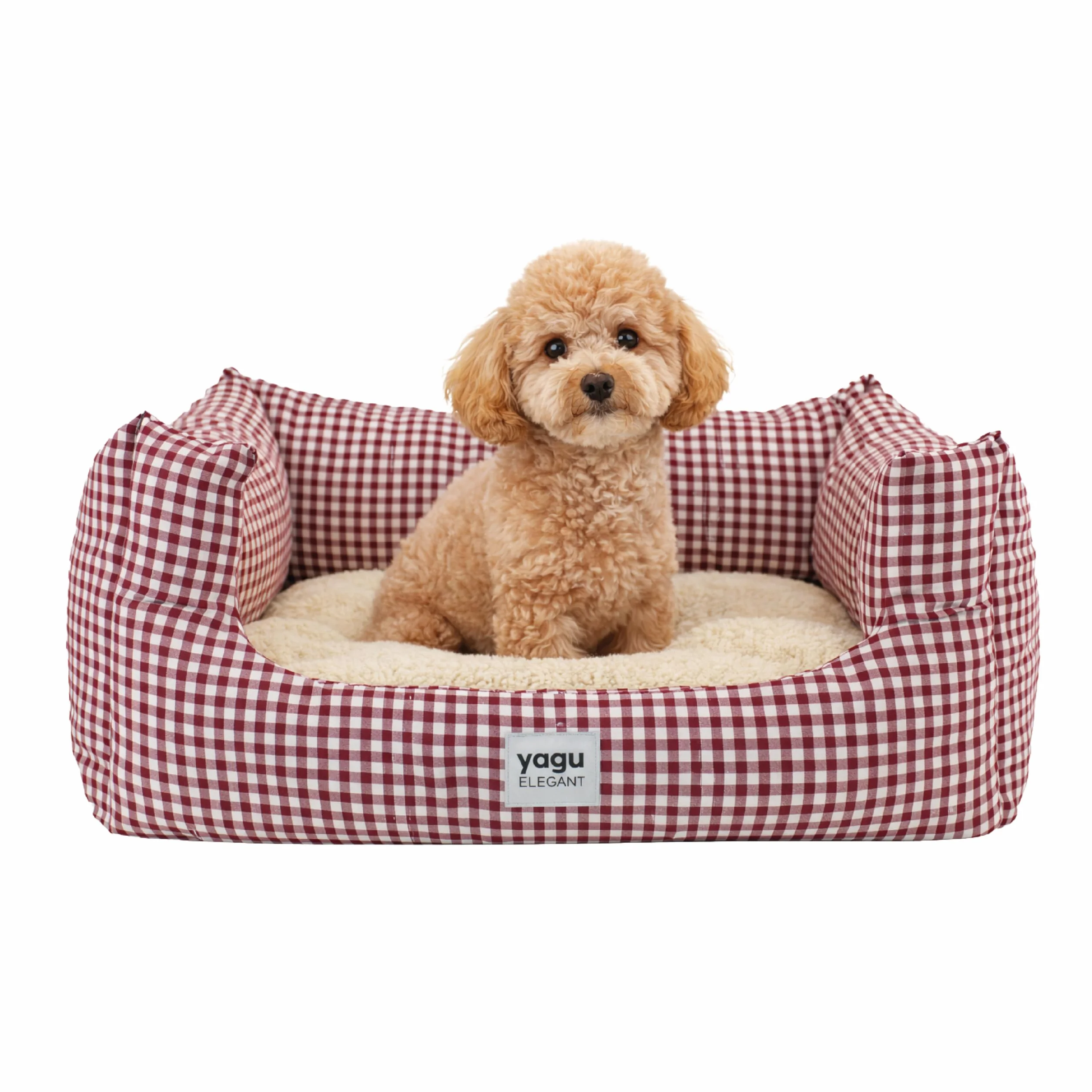 YAGU - Cama para Perros y Gatos T-2 (63x47x23 cm) Cama Confort Diseño Vichy Grana con Interior de Borreguillo Suave. Cojín Reversible, Relleno de Fibra Reciclada, Lavable y Base Antideslizante