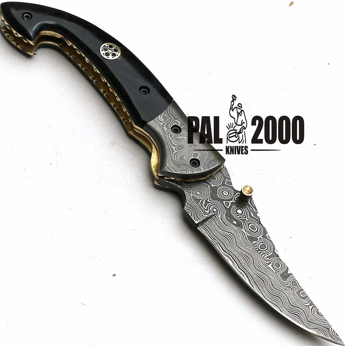 Cuchillo de bolsillo de acero damasco 7 cm hoja con funda
