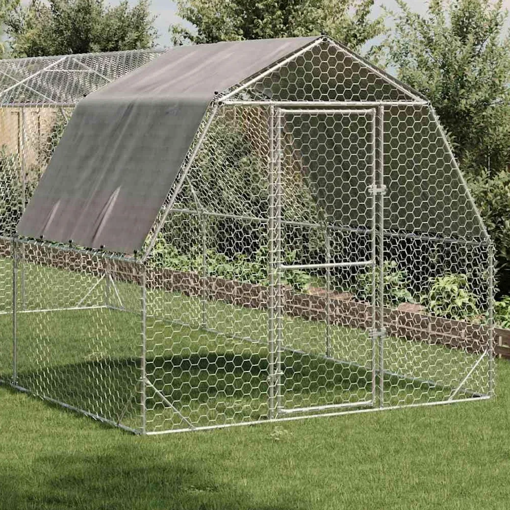 Gallinero con techo, 15 m², cercado de acero galvanizado, 2,5 x 6 x 2,25 m, gran recinto exterior para aves de corral, patos, gansos y animales pequeños