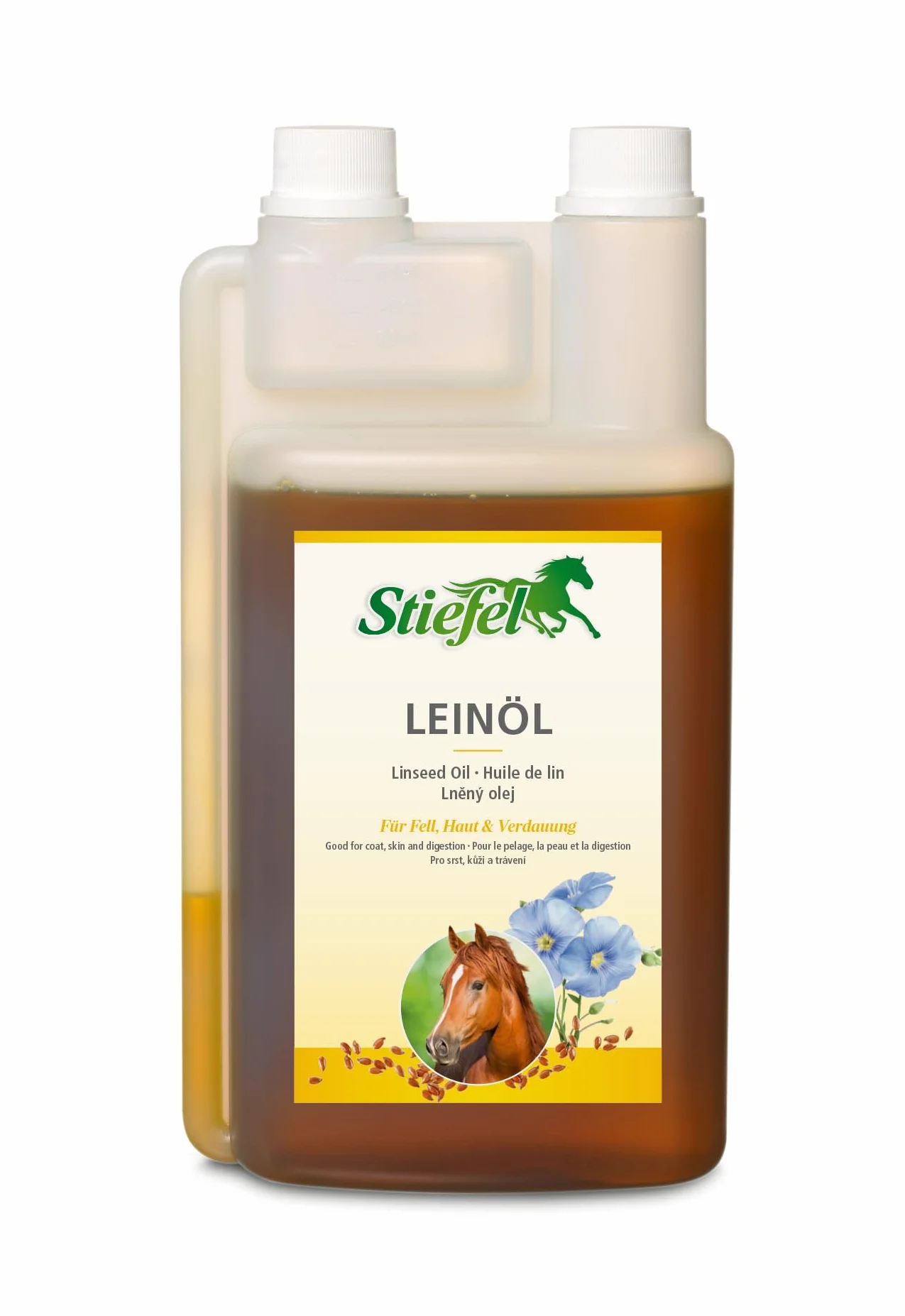 Stiefel Aceite de linaza para Caballos, 100% Natural, prensado en frío, favorece el Cambio de Pelaje, la digestión y la Piel, líquido con Botella dosificadora, 1 l