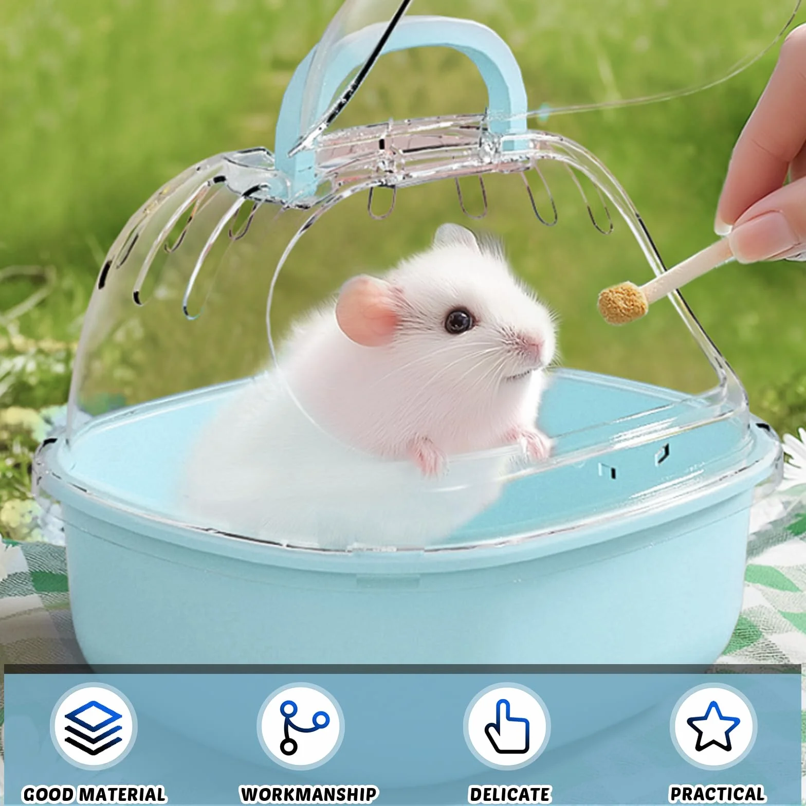Transportbox Hamster con botella de agua, 20 x 18 x 19 cm, portátil, para animales pequeños, jaula de transporte con ranuras de ventilación, caja de viaje, jaula de transporte para jerbos, ratones