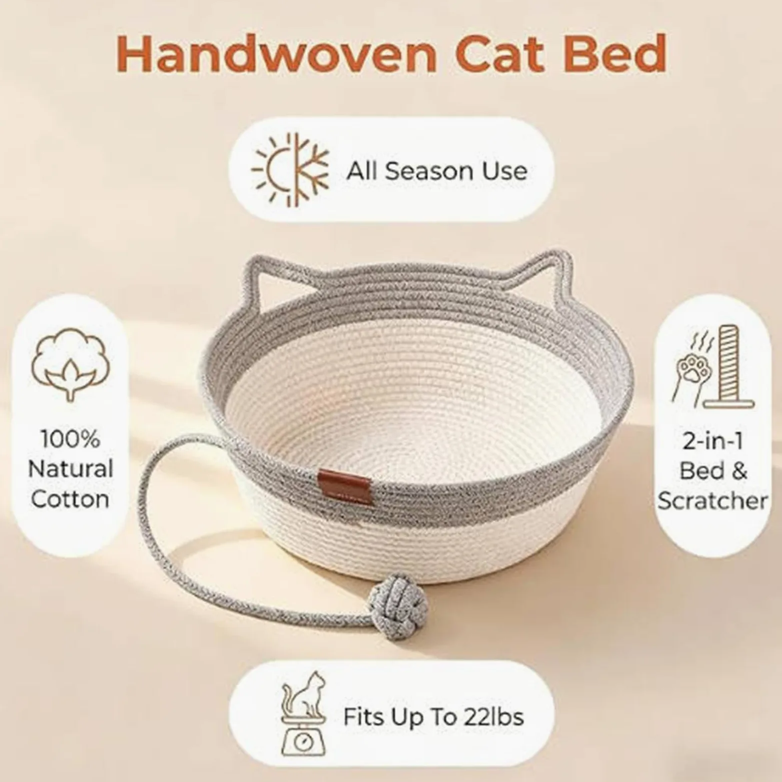 Cama Para Gatos Cesta Estética Rascador De Cuerda De Algodón | Cama Pequeña Para Gatos Para Hogar Pequeño Y Mediano, Balcón, Salón, Interior, Exterior, Jardín Y