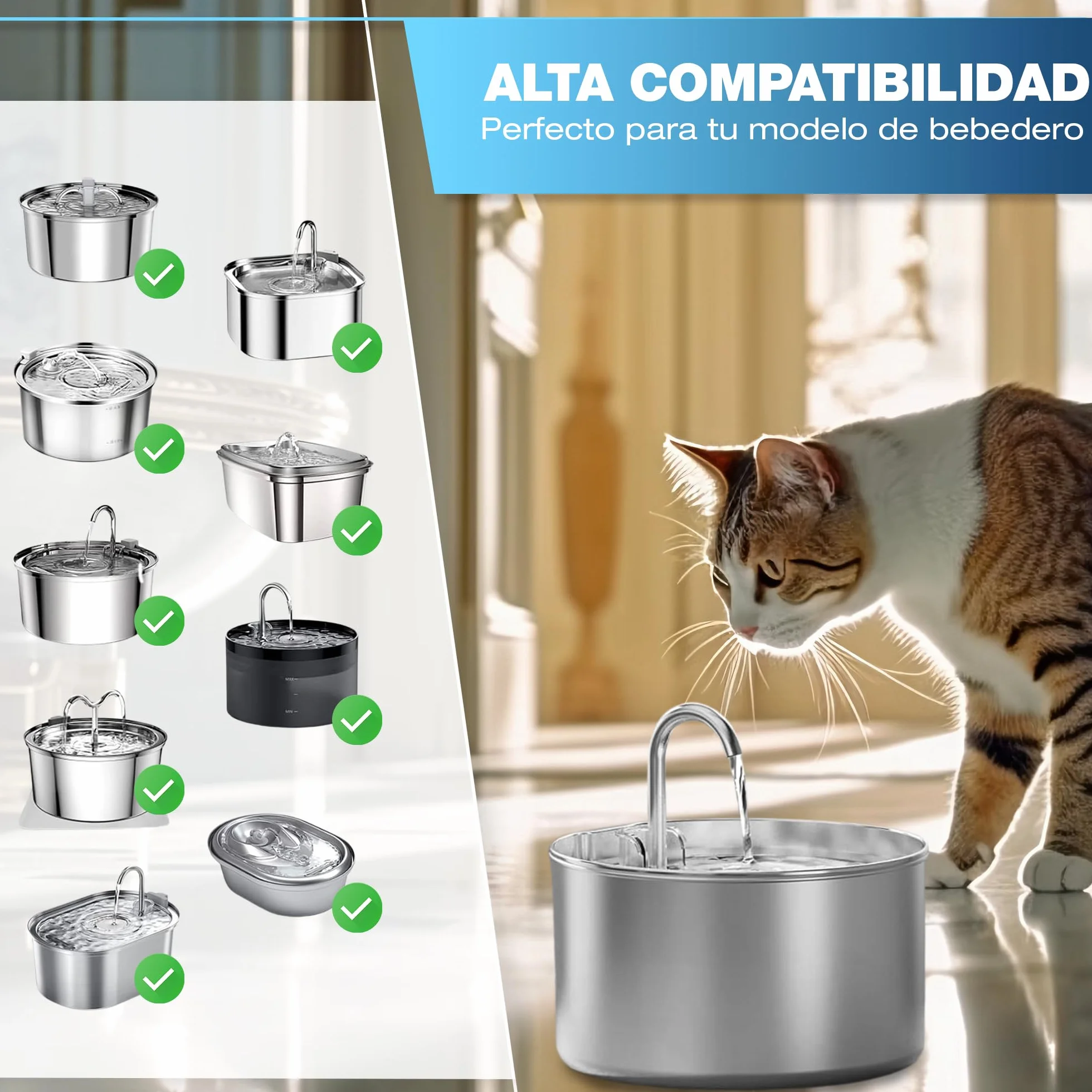 Filtros Fuente Gatos 8 uds – 4 Filtros de Carbón Activo + 4 Esponjas – Filtro Fuente para Gatos de Triple Capa – Recambios – Reduce Cloro y Olores – Compatible Acero Inoxidable y Plástico