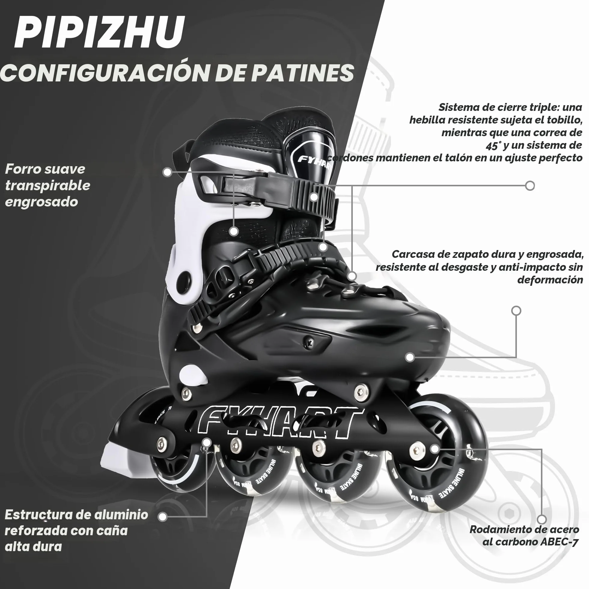 Patines en Línea para Niños y Adultos 4 Ruedas Negro