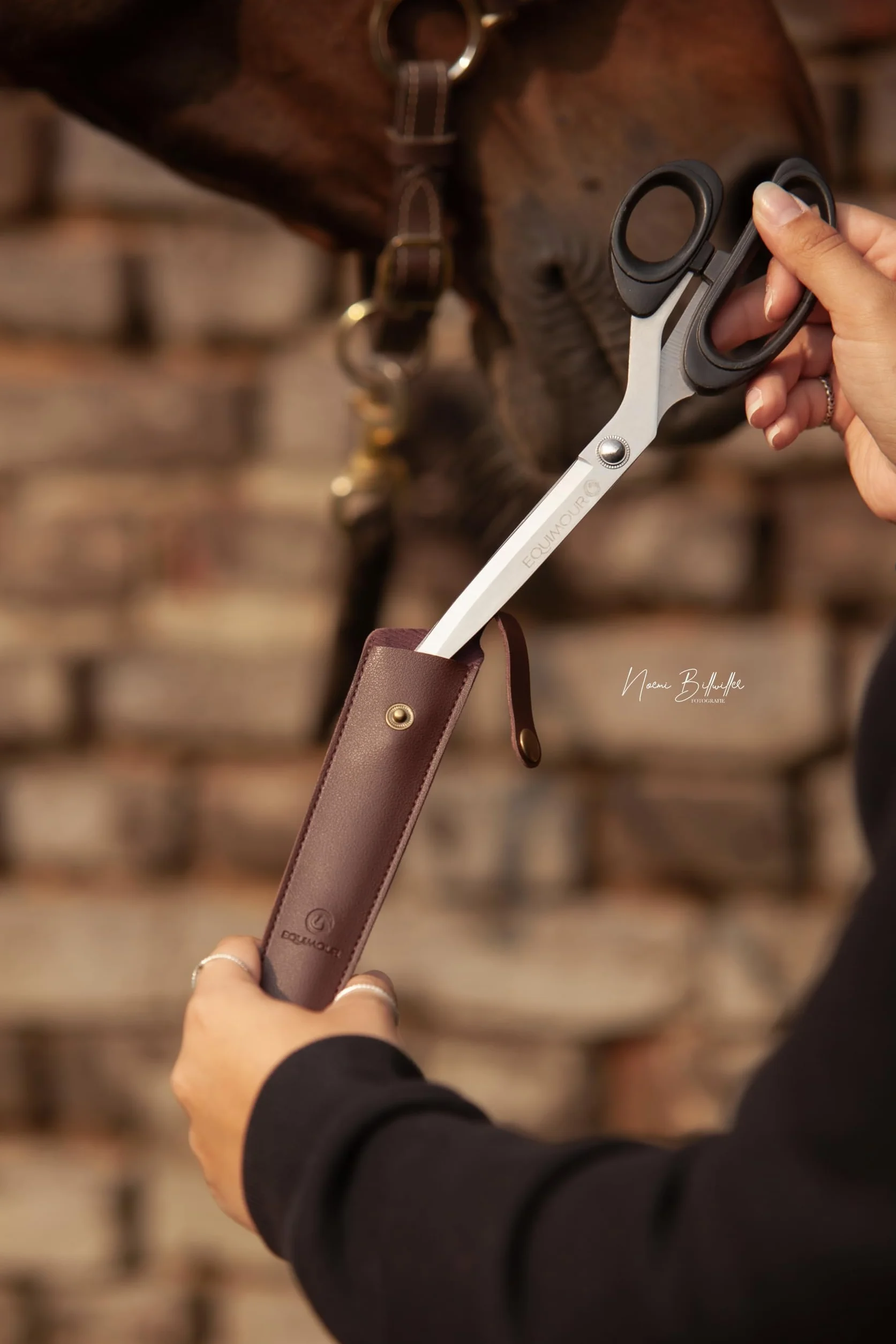 Tijeras para cola – de acero inoxidable afilado | Corte preciso para pelo grueso | Mango ergonómico & funda de cuero vegano | Accesorio profesional para el cuidado equino