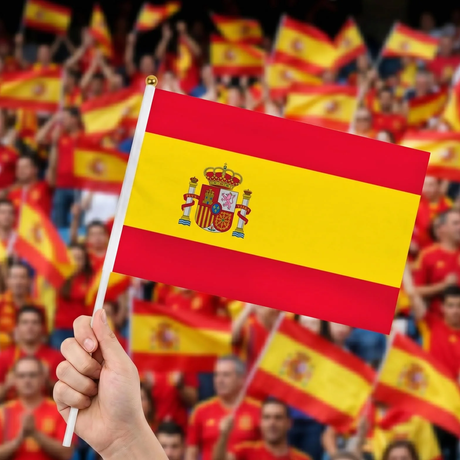 Banderas de Mano España 14x21 cm 10 Unidades Poliéster con Palo para Fútbol y Eventos