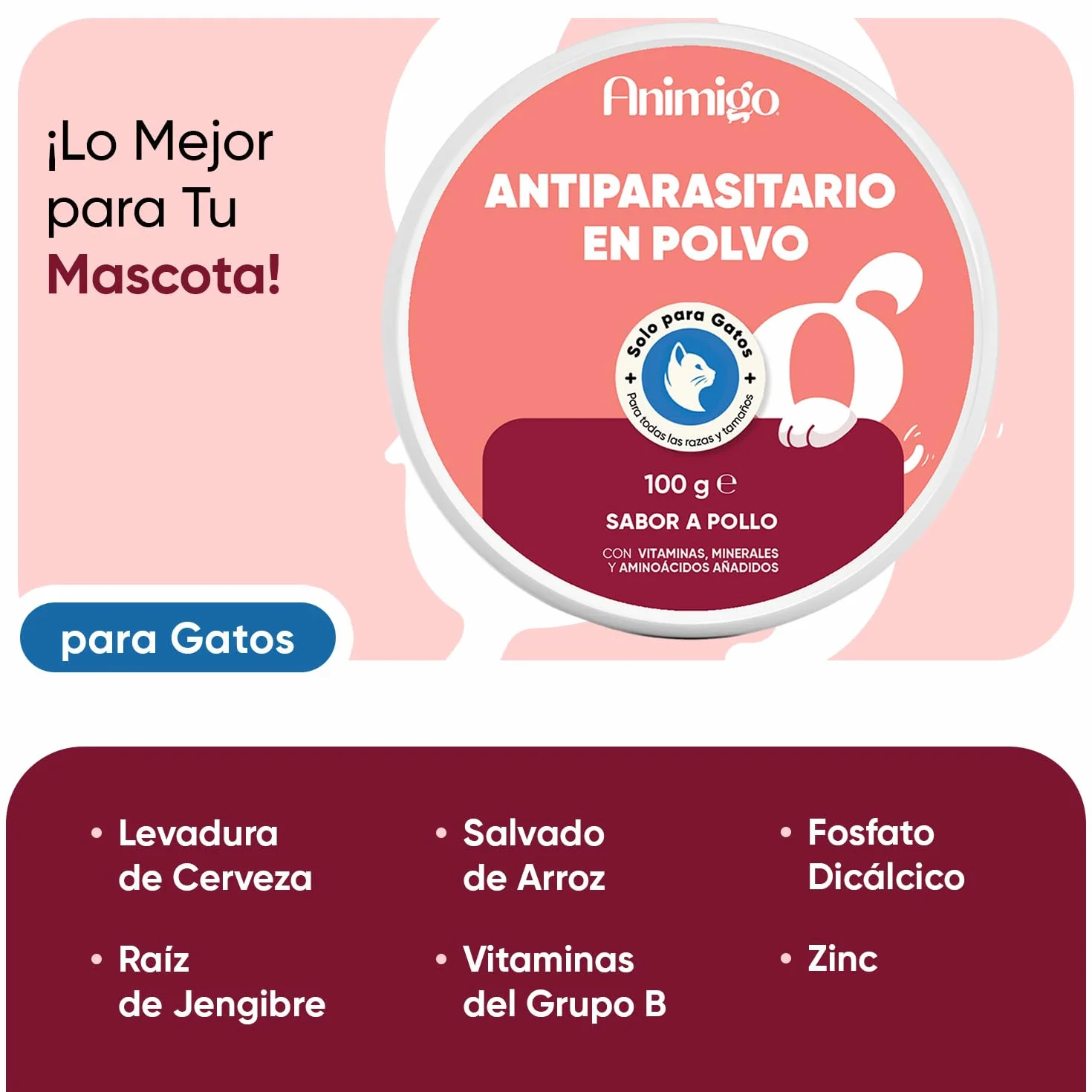 animigo Antiparasitario en Polvo para Gatos 100g Sabor Pollo - Protección Natural Antipulgas y Antigarrapatas Muy Fácil de Suministrar Formulado con Ingredientes Naturales, Vitaminas Grupo B y Zinc