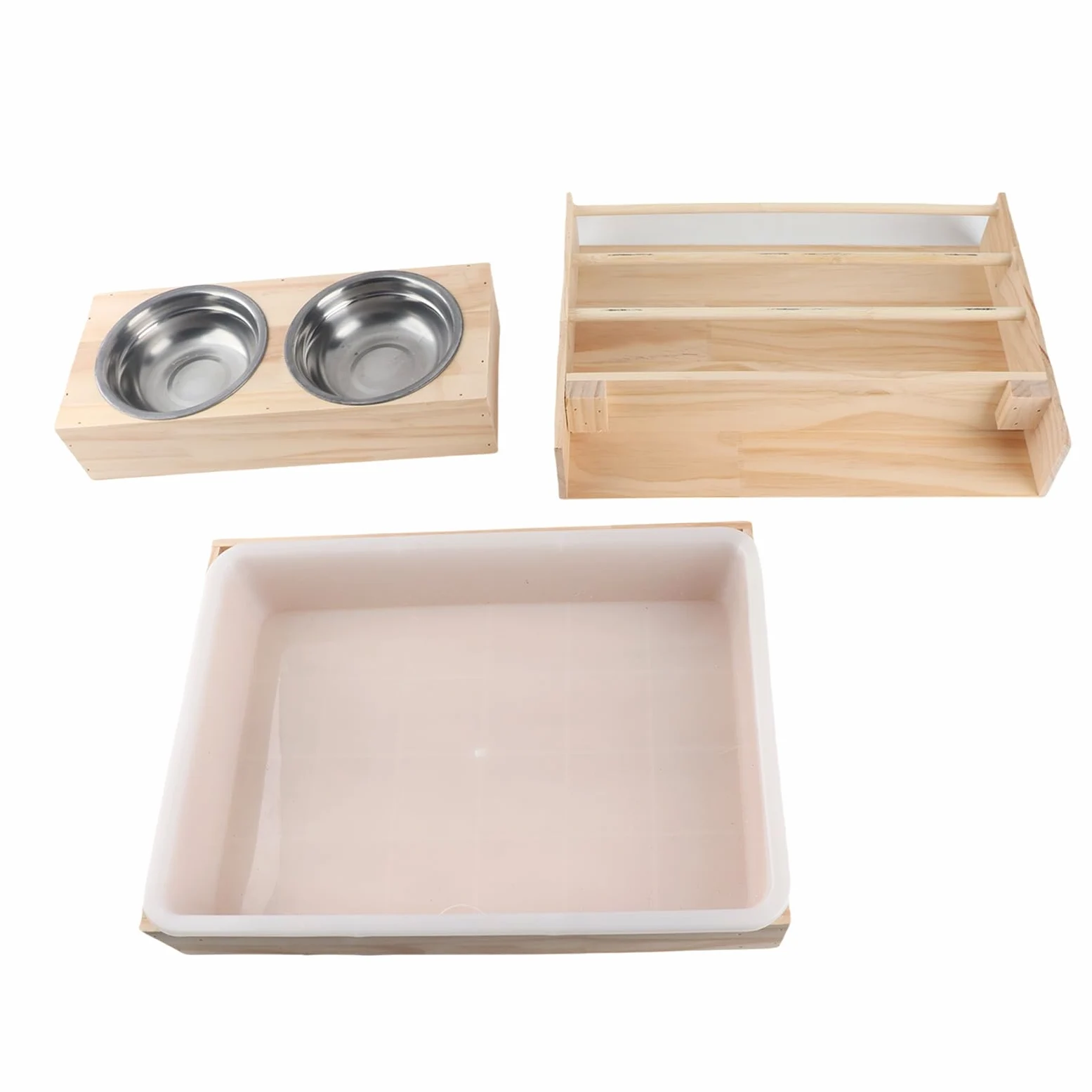 JTLB Comedero para heno 3 en 1 de madera con bandeja de para gatos y 2 comederos, gran capacidad, para cobayas, conejos y animales pequeños