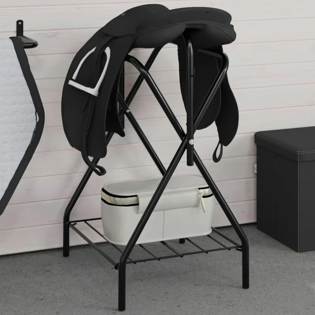 vidaXL Soporte de Montura Plegable de pie Independiente Hierro Negro, Soporte para Silla de Montar, Soporte para Montura, Soporte para Silla de Montar portátil