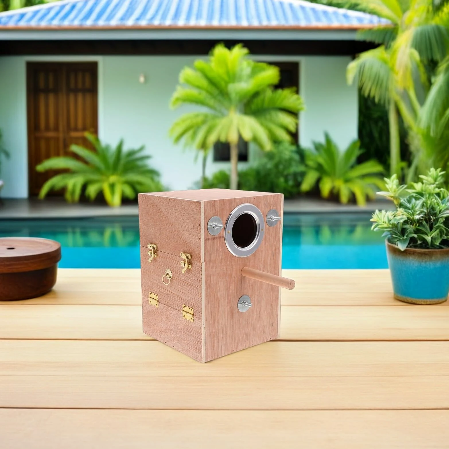 Caja de Cría para Periquitos con Soporte Posadero de Madera Nido Exterior Colgante para Conure Pinzón y Agapornis Refugio Cálido para Reproducción Invierno Fácil Instalación y