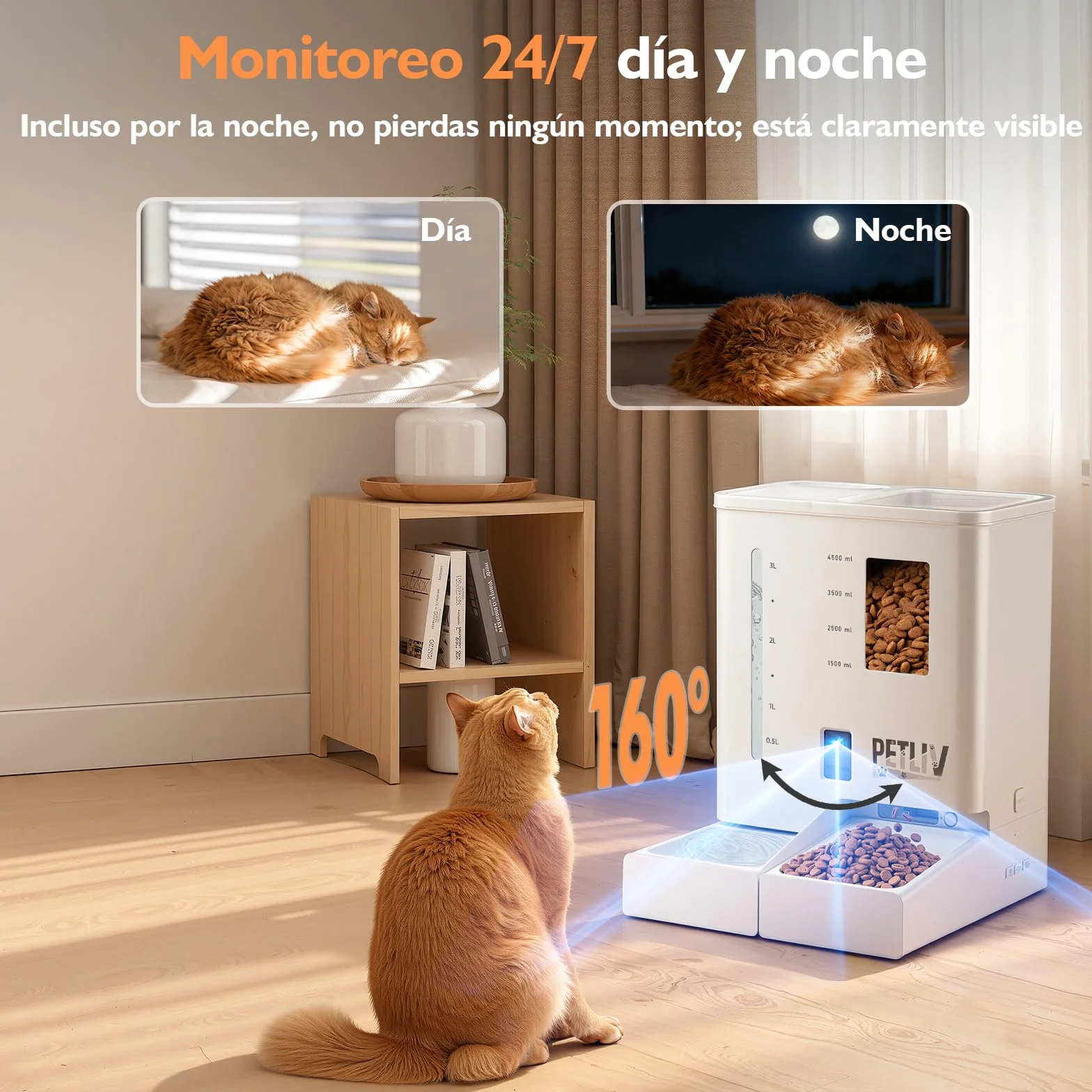 Comedero Automático para Gatos con Cámara 2K HD Visión Nocturna, WiFi 2,4G/5G Control por App, Audio Bidireccional Anti Atascos, Doble Alimentación, Depósito 5L Comida y 4L Agua