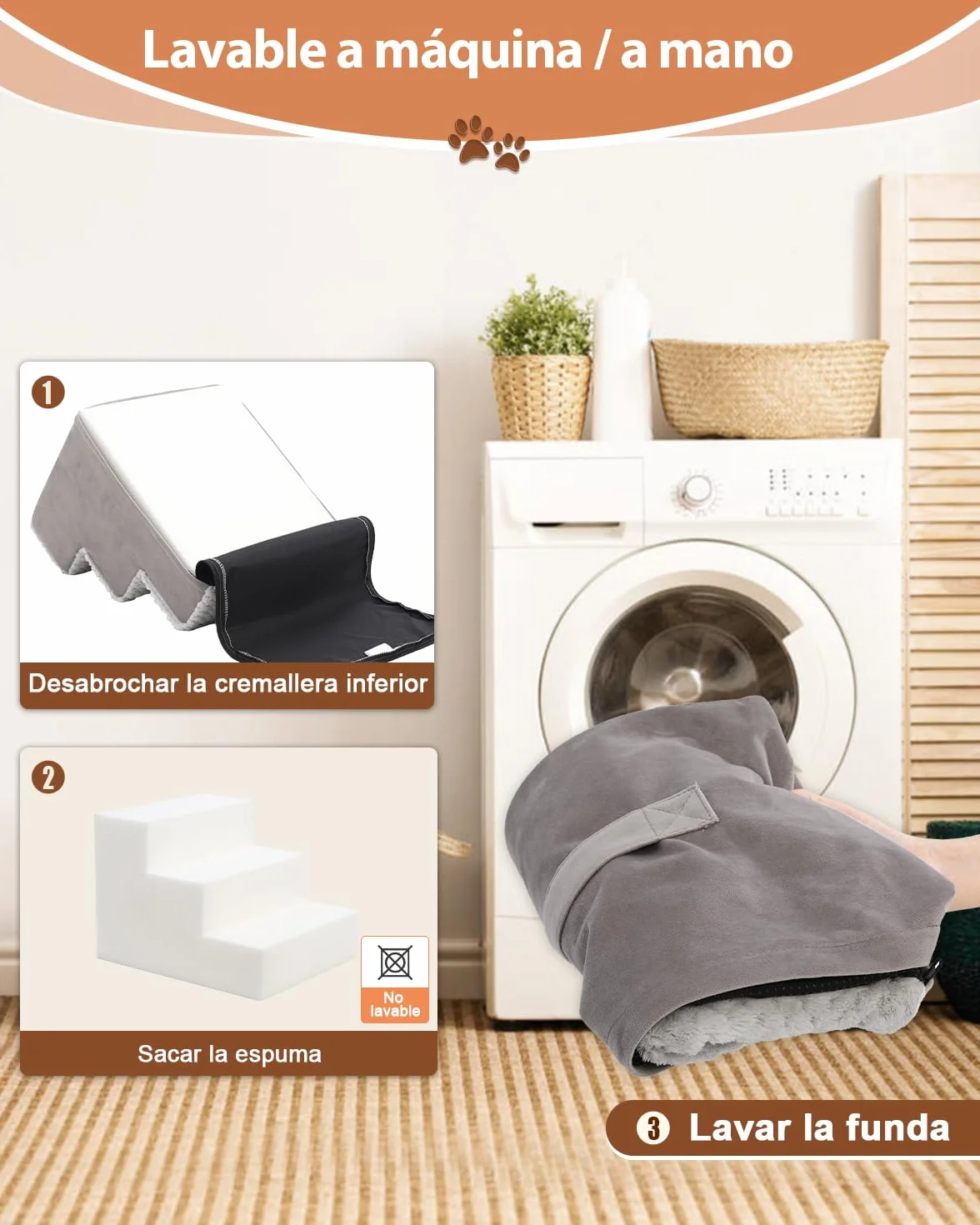 KSIIA Escalera para Perros pequeños de 33 cm, Funda Lavable, rampa Antideslizante para Cama y sofá, Gris