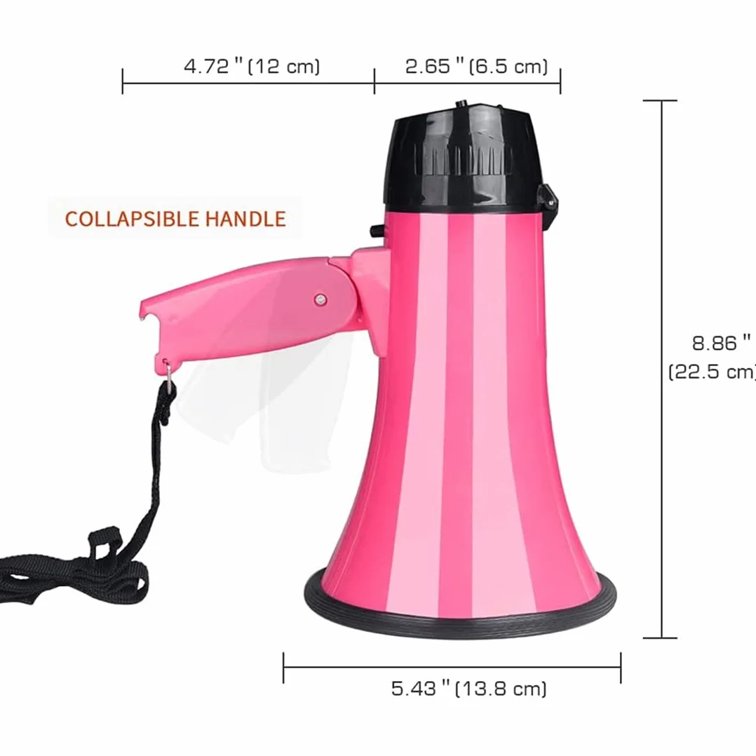 Altavoz Megáfono 25 W PA con Sirena Integrada, Grabadora de Voz, Abridor de Botellas, Rosa